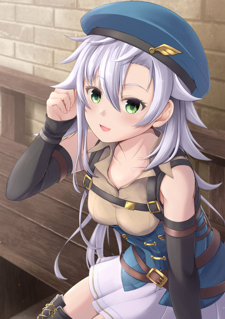 takaseshinya, fie claussell, eiyuu densetsu, kuro no kiseki (series), commentary request, highres, 1girl, beret, breasts, green eyes, hat, looking at viewer, simple background, skirt, small breasts, smile, white hair