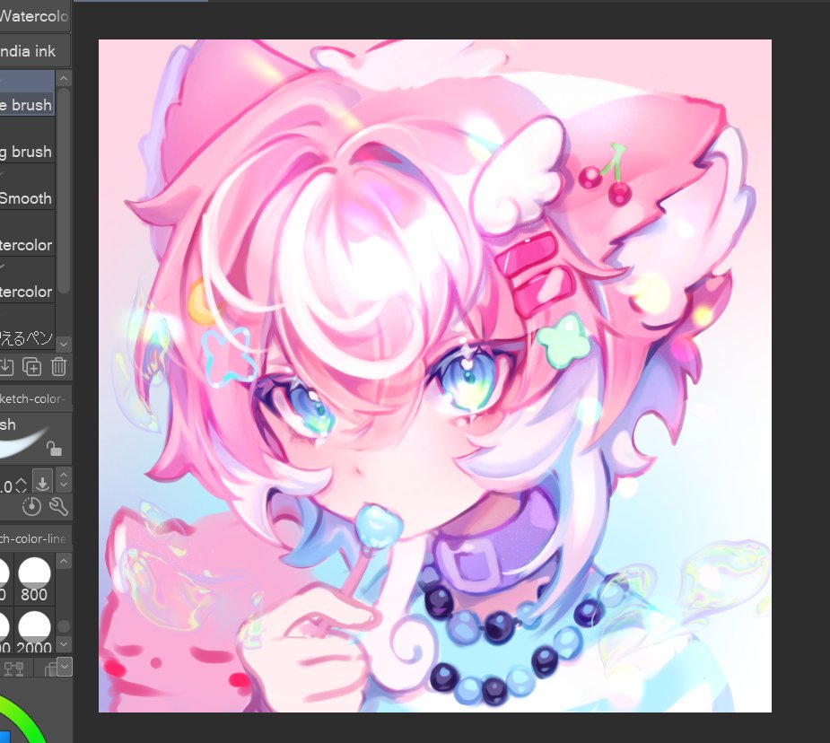 cloud (lufaeris), original, commentary, english commentary, unfinished, 1girl, animal, animal ears, art program in frame, bead necklace, beads, blue eyes, candy, cat, cat ears, cat girl, cherry hair ornament, collar, crossed bangs, food, food-themed hair ornament, hair between eyes, hair ornament, hairclip, holding, holding candy, holding food, holding lollipop, jewelry, lollipop, lollipop in mouth, looking at viewer, necklace, parallel hairclips, pink hair, portrait, purple collar, short hair, solo