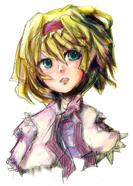 fusuke (pixiv131306), alice margatroid, touhou, image sample, pixiv sample, resized, 1girl, blonde hair, female focus, hairband, short hair, solo, white background