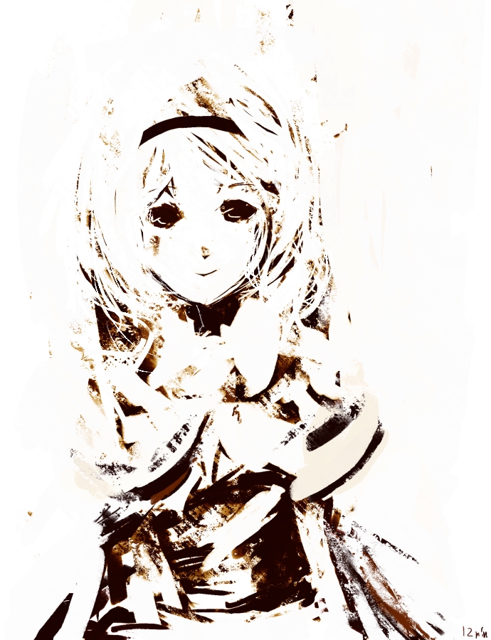 fusuke (pixiv131306), tsukinogeya, alice margatroid, touhou, bad id, bad pixiv id, 1girl, brown theme, female focus, looking at viewer, monochrome, no lineart, solo