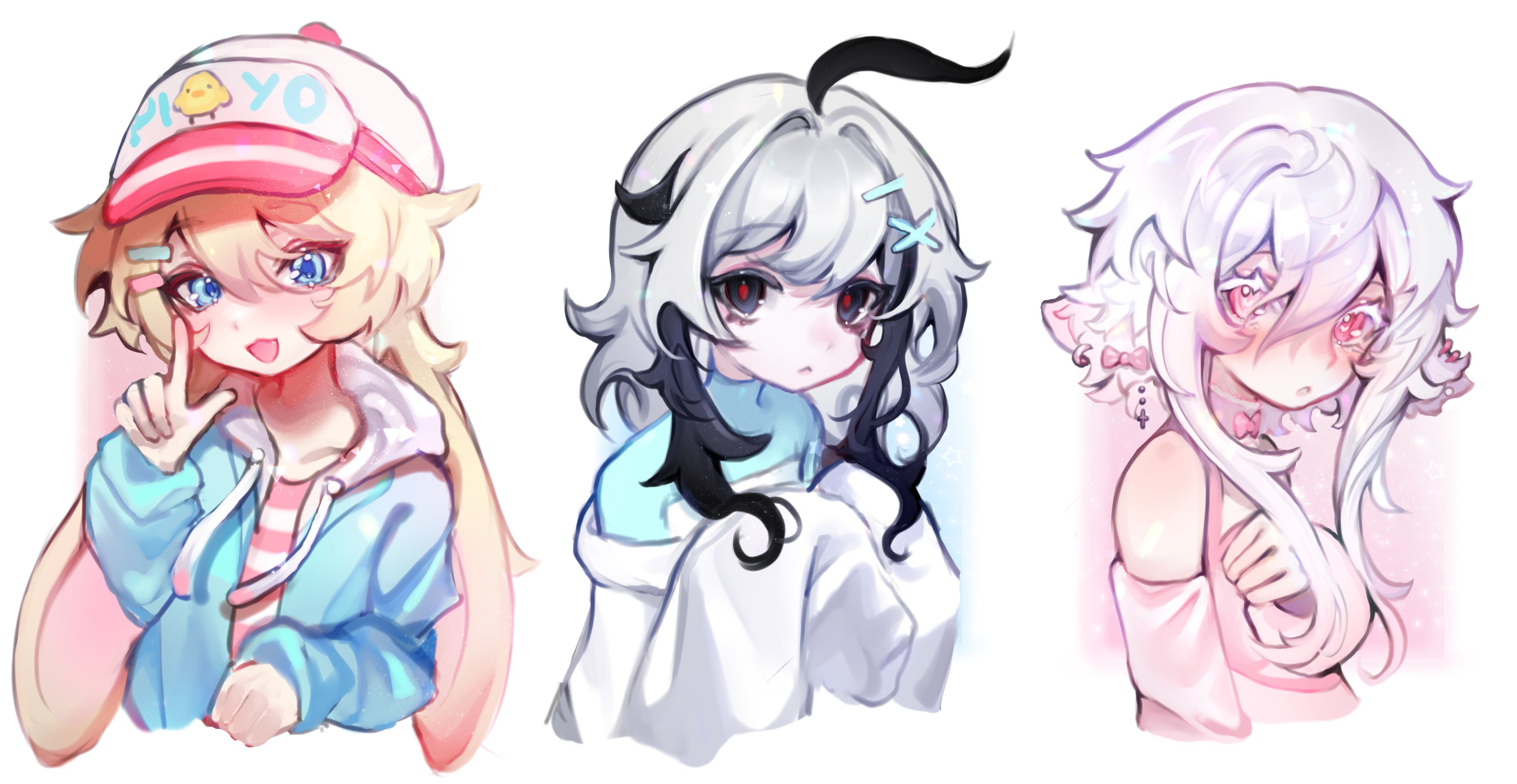 cloud (lufaeris), original, absurdres, commentary, highres, symbol-only commentary, 3girls, ahoge, bare shoulders, black hair, blonde hair, blue eyes, blue jacket, closed mouth, cropped torso, double-parted bangs, hair between eyes, hair ornament, hand up, hat, hood, hoodie, index finger raised, jacket, long hair, looking at viewer, multiple girls, open clothes, open jacket, open mouth, pink eyes, pink shirt, shirt, sidelocks, simple background, smile, white background, white hair, white hat, white hoodie, x hair ornament