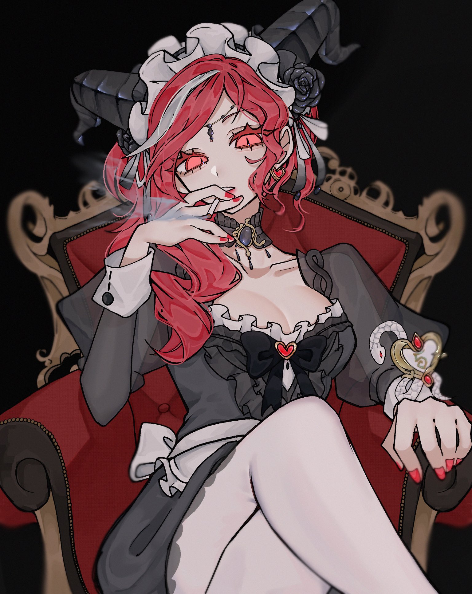 fiona gilman, fiona gilman ("crimson"), identity v, commentary request, highres, 1girl, apron, black bow, black choker, black flower, black horns, black rose, bow, breasts, chair, choker, cigarette, cleavage, cowboy shot, crossed legs, curled horns, downturned eyes, dress, drill hair, drill ponytail, eyelashes, flower, frilled apron, frilled dress, frilled hairband, frills, gem, goat horns, hairband, head chain, head tilt, heart-shaped gem, holding, holding cigarette, horns, jewelry, juliet sleeves, long sleeves, looking at viewer, maid, maid apron, medium breasts, on chair, pantyhose, parted lips, puffy sleeves, red eyes, red gemstone, red hair, red lips, red nails, reki510, rose, side ponytail, slit pupils, smoking, solo, unconventional maid, waist apron, white pantyhose, white streaks