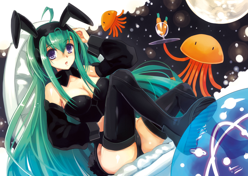 macchatei koeda, original, bad id, bad pixiv id, 1girl, animal ears, boots, breasts, carrot, cleavage, detached sleeves, fake animal ears, female focus, full moon, glass, green eyes, long hair, moon, octopus, playboy bunny, purple eyes, rabbit ears, rabbit tail, solo, tail, thigh boots, thighhighs, tray