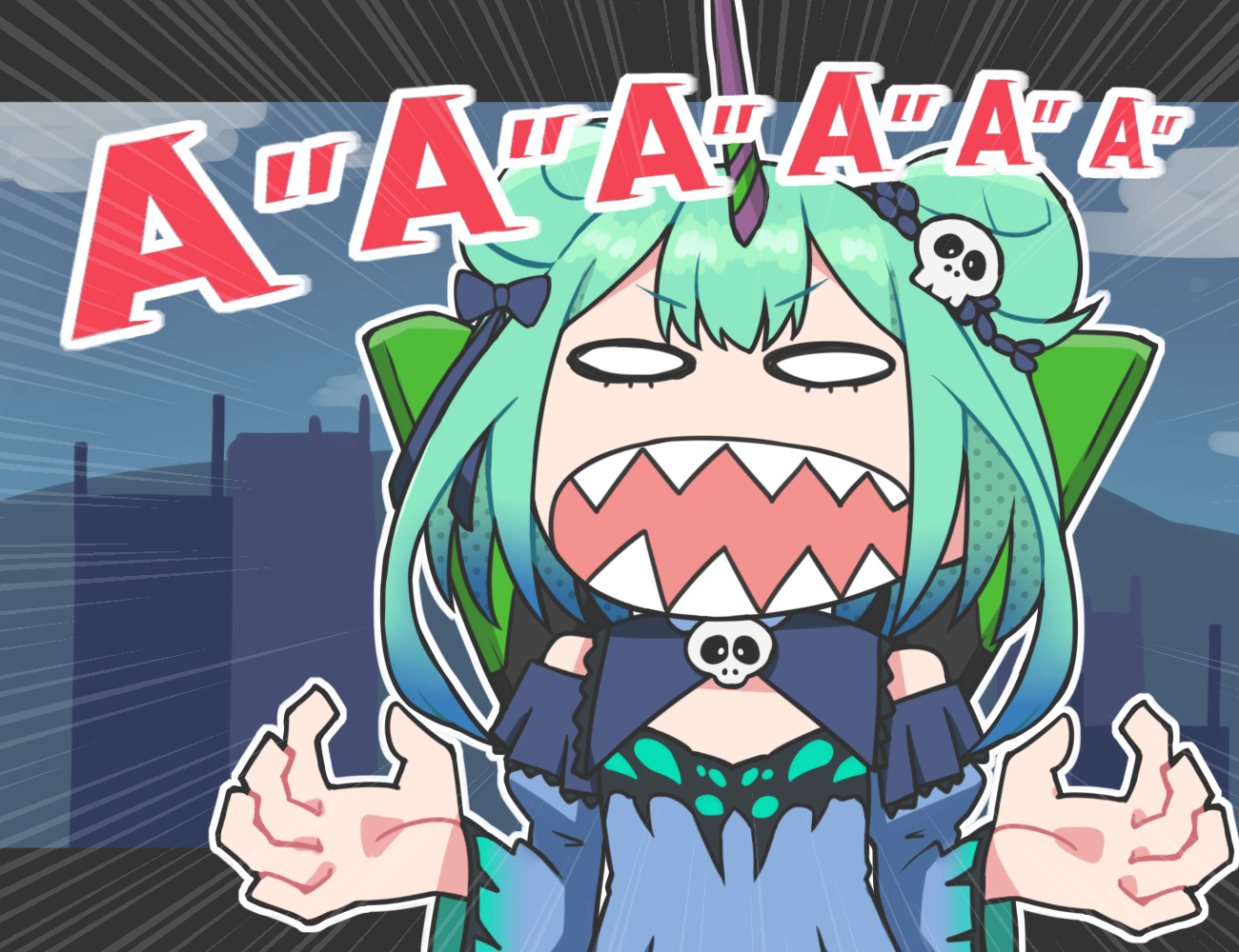 kidoriyacats, eva 01, uruha rushia, uruha rushia (1st costume), hololive, neon genesis evangelion, commentary request, 1girl, aqua hair, blue bow, blue bowtie, blue collar, blue dress, blue sleeves, bow, bowtie, brooch, collar, cosplay, detached collar, detached sleeves, double bun, dress, emphasis lines, eva 01 (cosplay), hair bow, hair bun, hair ornament, jewelry, juliet sleeves, letterboxed, long sleeves, outline, puffy sleeves, sharp teeth, skull hair ornament, solo, sound effects, teeth, virtual youtuber, white outline, wide oval eyes