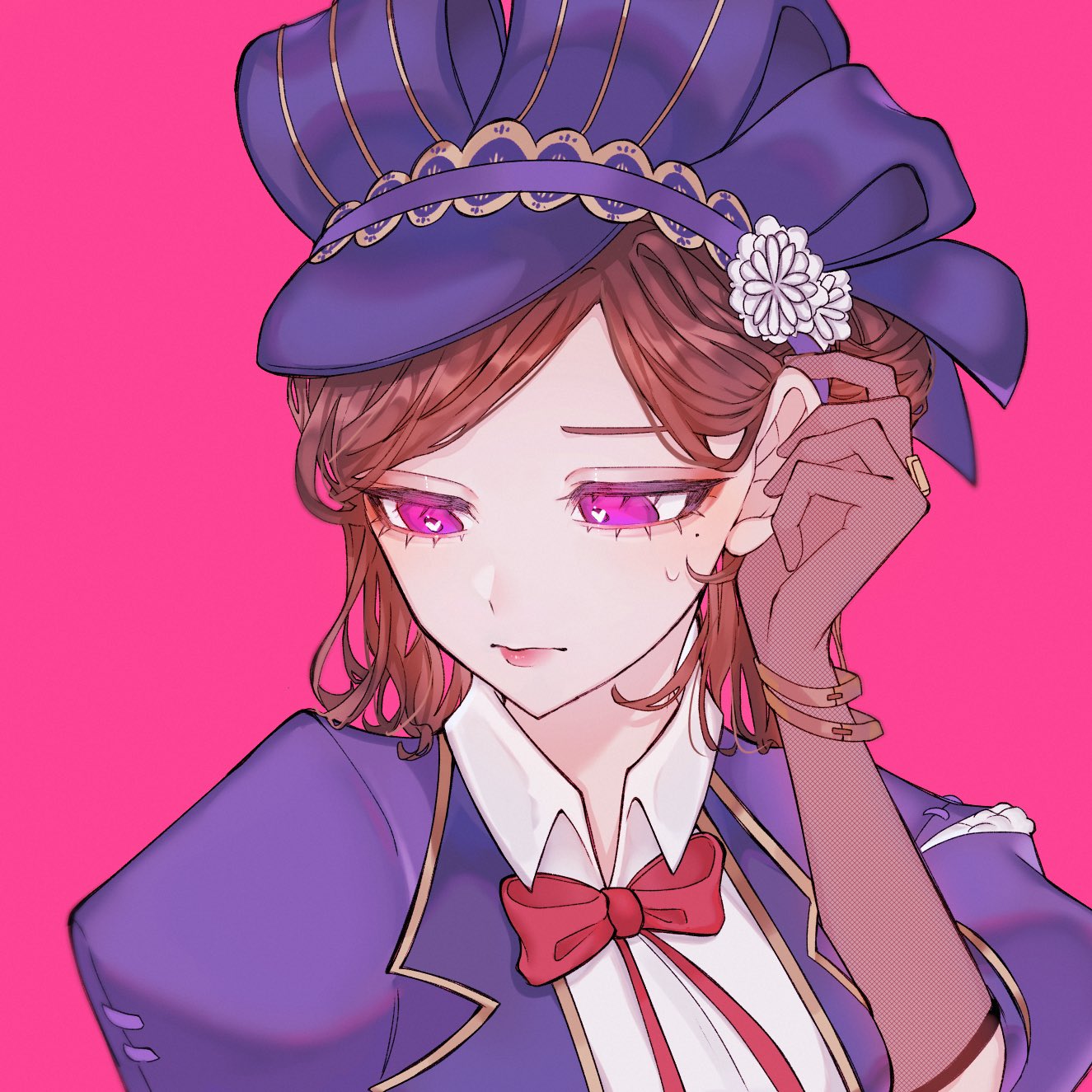 vera nair, identity v, commentary request, highres, 1girl, blue headdress, blue jacket, bob cut, bow, bowtie, bright pupils, brown hair, elbow gloves, fishnet gloves, fishnets, gloves, gold trim, half up bun, heart, heart-shaped pupils, jacket, looking down, mole, mole under eye, official alternate costume, pink background, pink eyes, pink lips, red bow, red bowtie, reki510, shirt, side part, small sweatdrop, solo, symbol-shaped pupils, tucking hair, vera nair (regal maiden), white pupils, white shirt