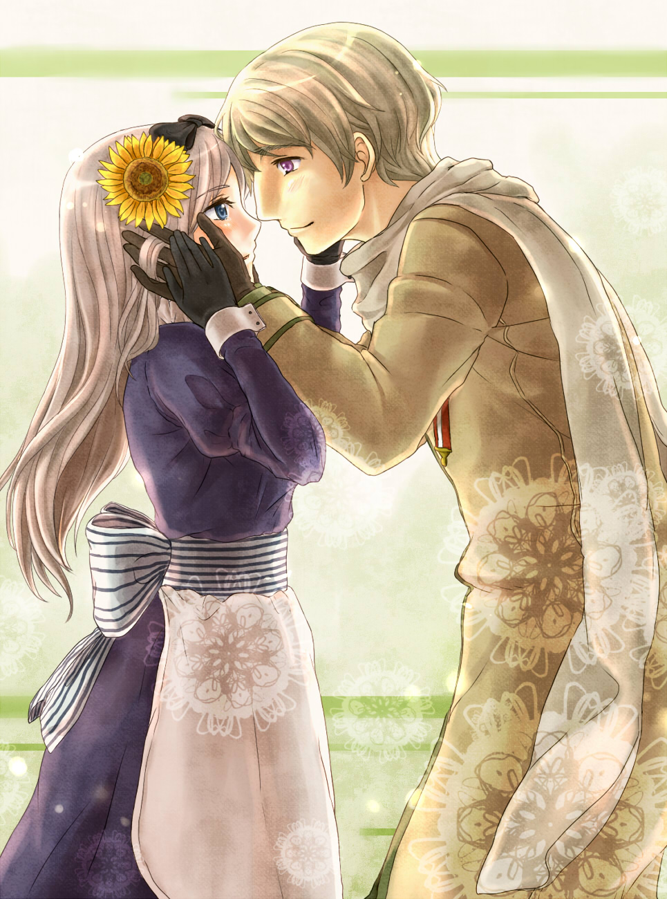 momiage, belarus (hetalia), russia (hetalia), axis powers hetalia, silver hair, striped, highres, 00s, 1boy, 1girl, apron, blonde hair, blue eyes, blush, couple, dress, eye contact, flower, gloves, hair flower, hair ornament, hair ribbon, hetero, long hair, looking at another, purple eyes, ribbon, scarf, short hair, siblings, sunflower, tears