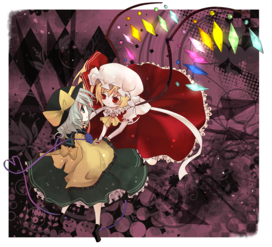 yumeto, flandre scarlet, komeiji koishi, touhou, bad id, bad pixiv id, md5 mismatch, 2girls, blonde hair, blue eyes, dress, female focus, grey hair, hat, heart, long hair, multiple girls, red eyes, ribbon, short hair, wings