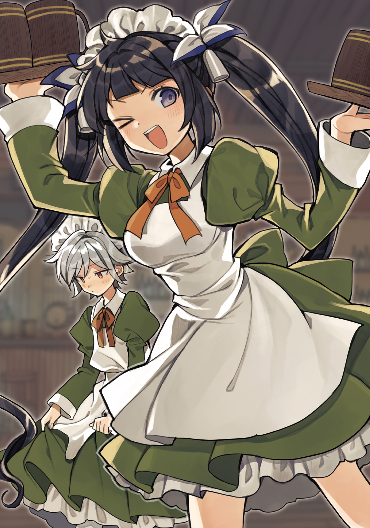 kurodeko, bell cranel, hestia (danmachi), dungeon ni deai wo motomeru no wa machigatteiru darou ka, highres, novel illustration, official art, third-party source, 1boy, 1girl, :d, apron, bell, bow, bowtie, breasts, clothes grab, crossdressing, crossdressing (mtf), dress, green dress, hair bell, hair ornament, hands up, holding, holding tray, indoors, juliet sleeves, long hair, long sleeves, looking at viewer, looking down, maid headdress, medium breasts, one eye closed, open mouth, orange bow, orange bowtie, puffy sleeves, short hair, sidelocks, smile, standing, tankard, tray, twintails, white apron, white headdress