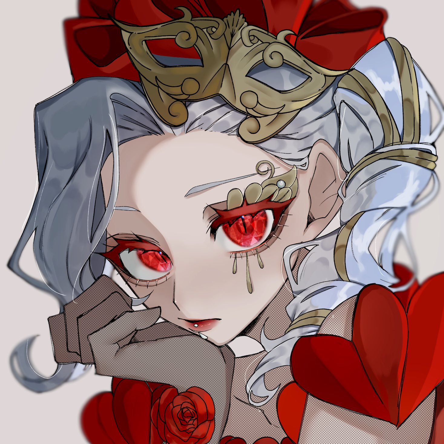 martha behamfil, identity v, commentary request, highres, 1girl, blurry edges, crystal eye, drill hair, drill ponytail, eye mask, eyelashes, facial mark, flower, grey hair, looking at viewer, martha behamfil (aphrodite's kiss), mask, official alternate costume, portrait, red eyes, red flower, red lips, red rose, reki510, rose, side ponytail, single hair intake, slit pupils, solo, teardrop facial mark, unworn mask