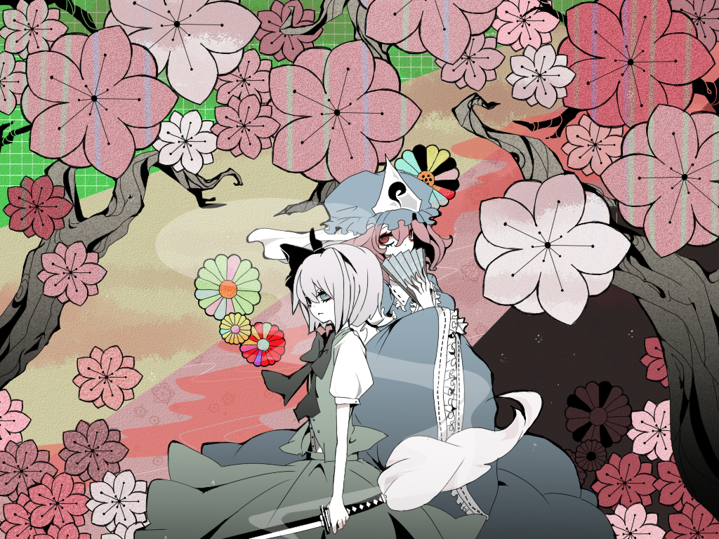 ame (96berd), ame (pixiv730660), konpaku youmu, konpaku youmu (ghost), saigyouji yuyuko, touhou, bad id, bad pixiv id, 2girls, blue eyes, branch, cherry blossoms, covering own mouth, eyelashes, female focus, flower, folding fan, grey hair, hairband, hand fan, hat, hitodama, katana, multiple girls, pale skin, pink hair, red eyes, short hair, staring, sword, weapon