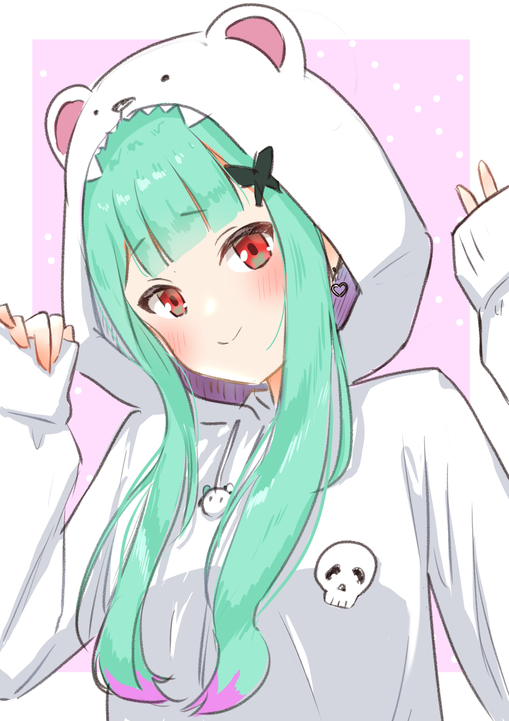 taachika, uruha rushia, hololive, absurdres, commentary request, highres, 1girl, alternate costume, alternate hairstyle, animal hood, bear hood, blush, closed mouth, colored inner hair, colored tips, earrings, green hair, heart, heart earrings, hood, hoodie, jewelry, long sleeves, looking at viewer, multicolored hair, outside border, pink background, purple hair, red eyes, sleeves past wrists, smile, solo, white hoodie