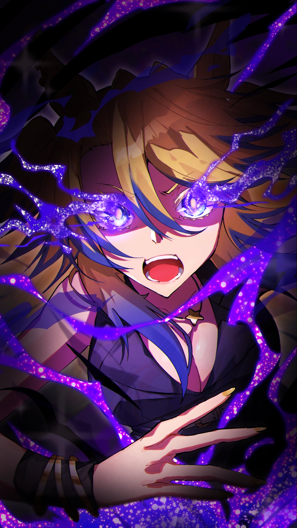 asahina (asahina 0428), obey your master (umamusume), umamusume, umamusume: cinderella gray, commentary, english commentary, highres, 1girl, animal ears, black shirt, blonde hair, blue eyes, blue hair, bracelet, breasts, broken glass, cleavage, eye trail, glass, horse ears, horse girl, jewelry, large breasts, light trail, long hair, looking at viewer, multicolored hair, necklace, open mouth, shirt, solo, sparkle, star (symbol), star necklace, teeth, two-tone hair, upper body, yellow nails