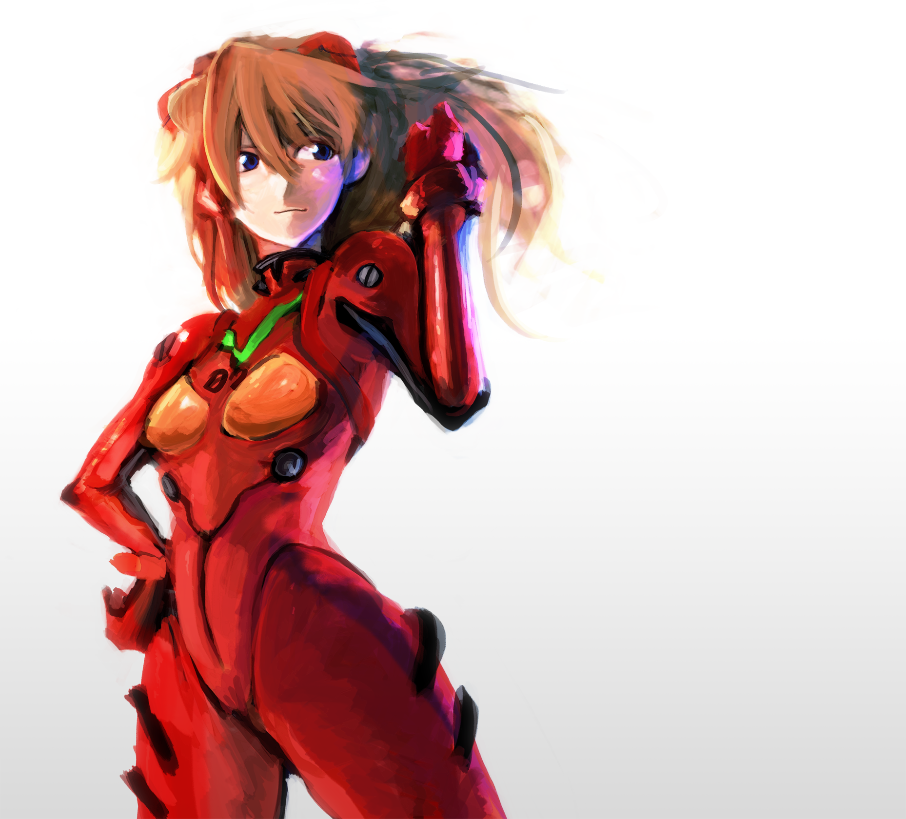 s nag, souryuu asuka langley, neon genesis evangelion, highres, tagme, backlighting, blue eyes, bracer, cowboy shot, from side, gradient background, grey background, hair between eyes, hand on own hip, legs apart, mecha pilot suit, narrow waist, parted bangs, plugsuit (evangelion), solo, standing, thighs, white background
