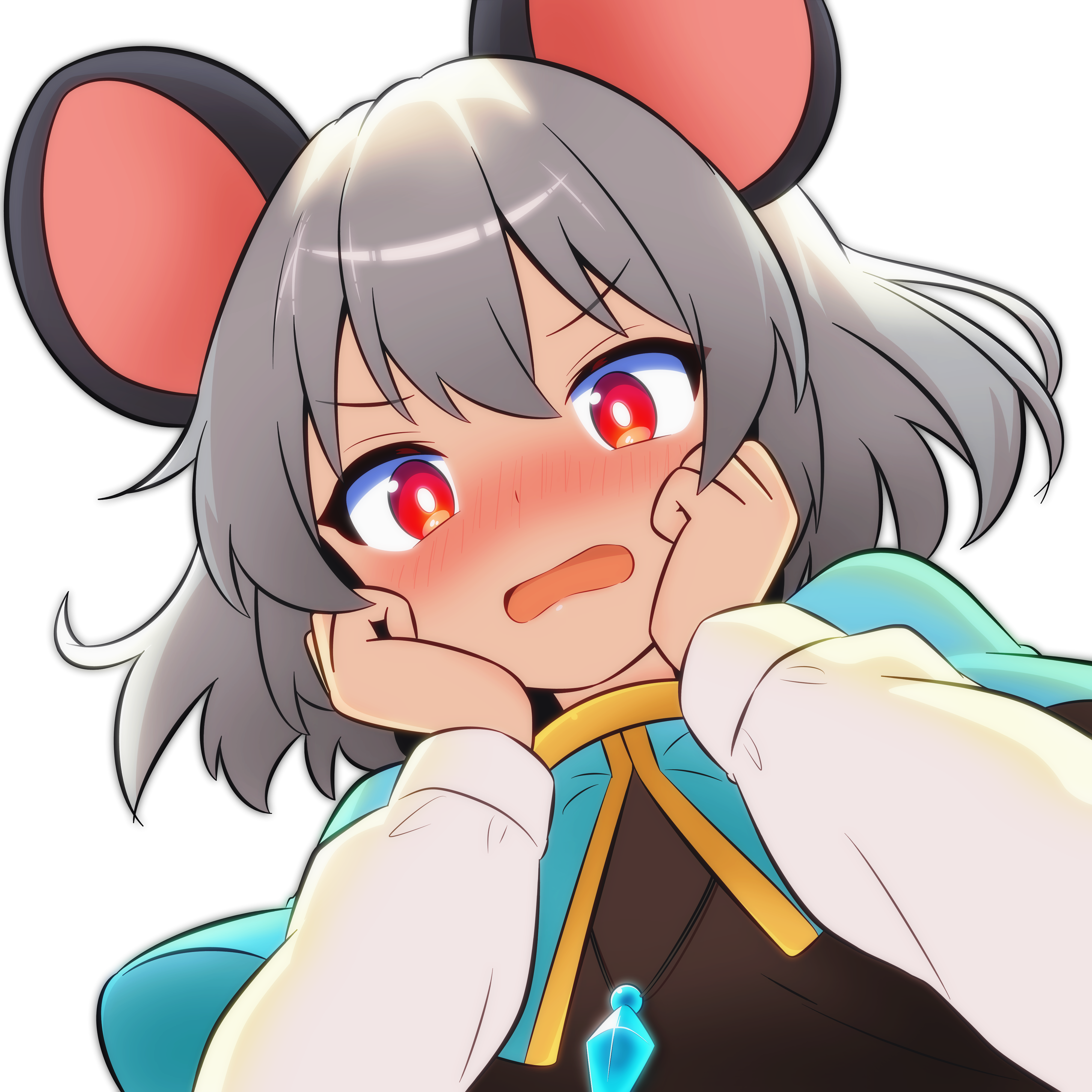 newbear, nazrin, touhou, absurdres, commentary request, highres, 1girl, animal ears, blue capelet, blush, brown shirt, capelet, from below, full-face blush, grey hair, hands on own cheeks, hands on own face, jewelry, long sleeves, looking at viewer, mouse ears, necklace, open mouth, pendant, red eyes, shirt, simple background, solo, white background