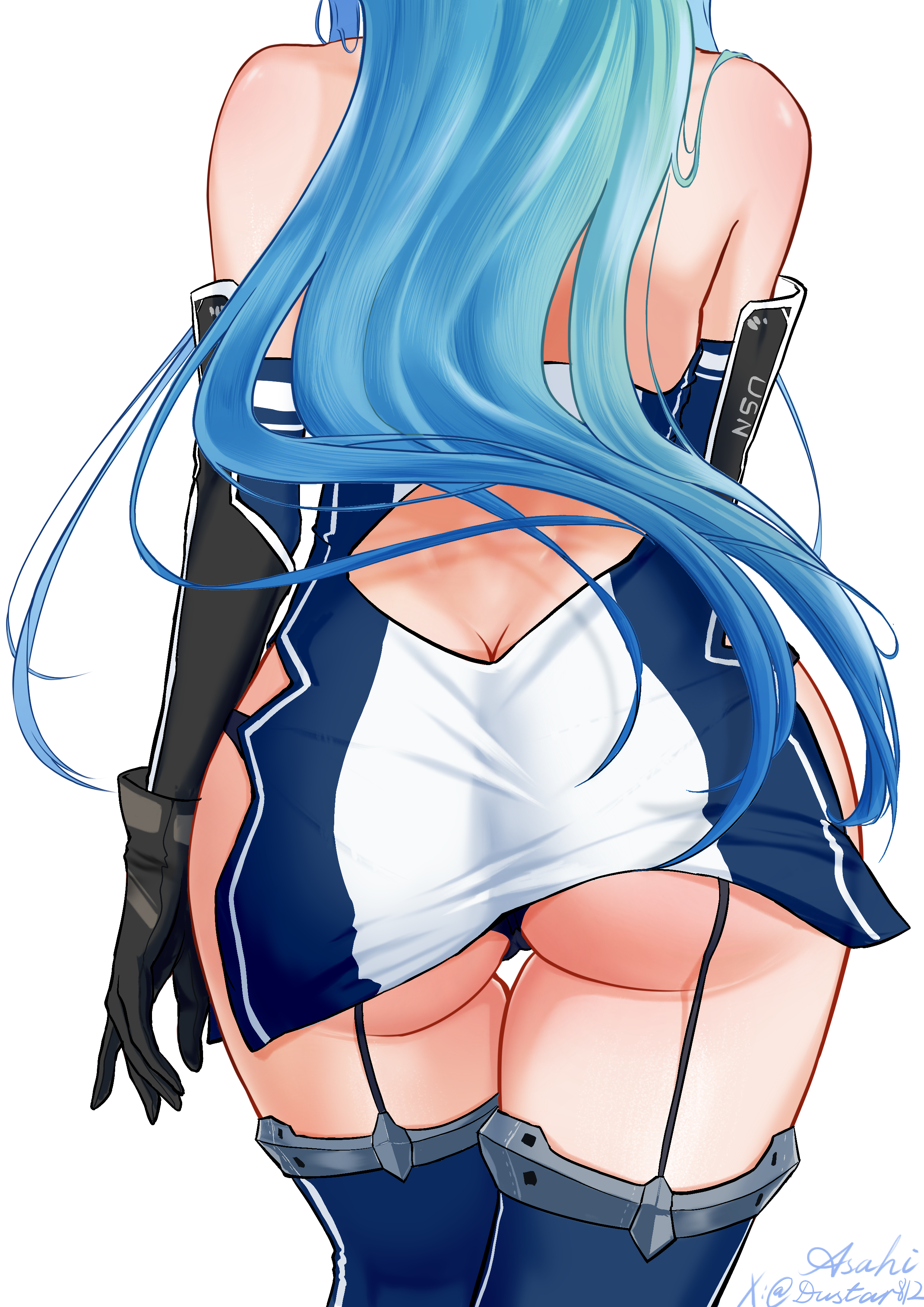 helena (azur lane), azur lane, absurdres, highres, 1girl, ass, bare shoulders, black garter straps, black gloves, black panties, blue thighhighs, dustar812, elbow gloves, from behind, garter straps, gloves, long hair, panties, pantyshot, signature, simple background, solo, thighhighs, underwear, white background