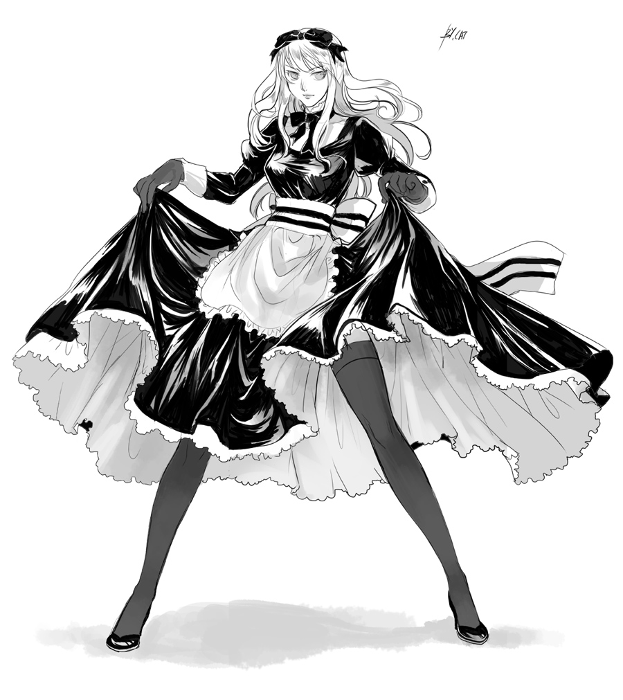 catlqe, hakoiri nekohime, belarus (hetalia), axis powers hetalia, bad id, bad pixiv id, 00s, 1girl, clothes lift, dress, dress lift, female focus, gloves, greyscale, hair ribbon, high heels, long hair, long legs, monochrome, petticoat, ribbon, shoes, skirt, skirt lift, solo, thighhighs