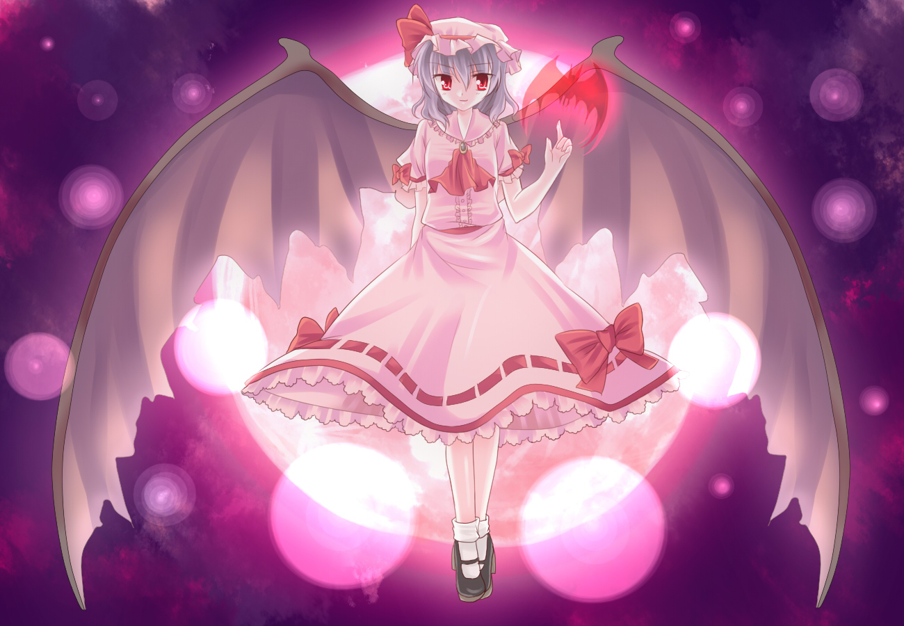 fujimura, remilia scarlet, touhou, bad id, bad pixiv id, 1girl, blue hair, female focus, full body, outdoors, red eyes, ribbon, short hair, sky, solo, wings