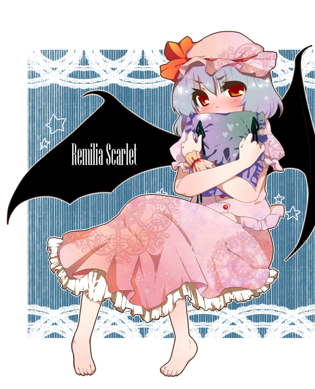 kamiyama aya, remilia scarlet, touhou, silver hair, 1girl, barefoot, bat wings, blush, feet, female focus, hat, hugging object, pillow, pillow hug, red eyes, short hair, solo, wings