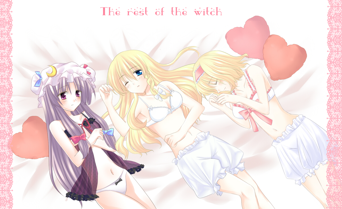 fujimura, alice margatroid, kirisame marisa, patchouli knowledge, touhou, bad id, bad pixiv id, 3girls, blonde hair, bra, breasts, female focus, hat, long hair, multiple girls, navel, panties, purple hair, sleeping, underwear, white background, wink