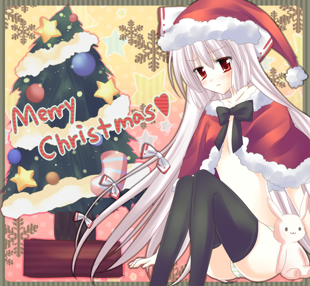 fujimura, fujiwara no mokou, touhou, bad id, bad pixiv id, 1girl, christmas, female focus, hat, long hair, red eyes, santa costume, santa hat, solo, thighhighs