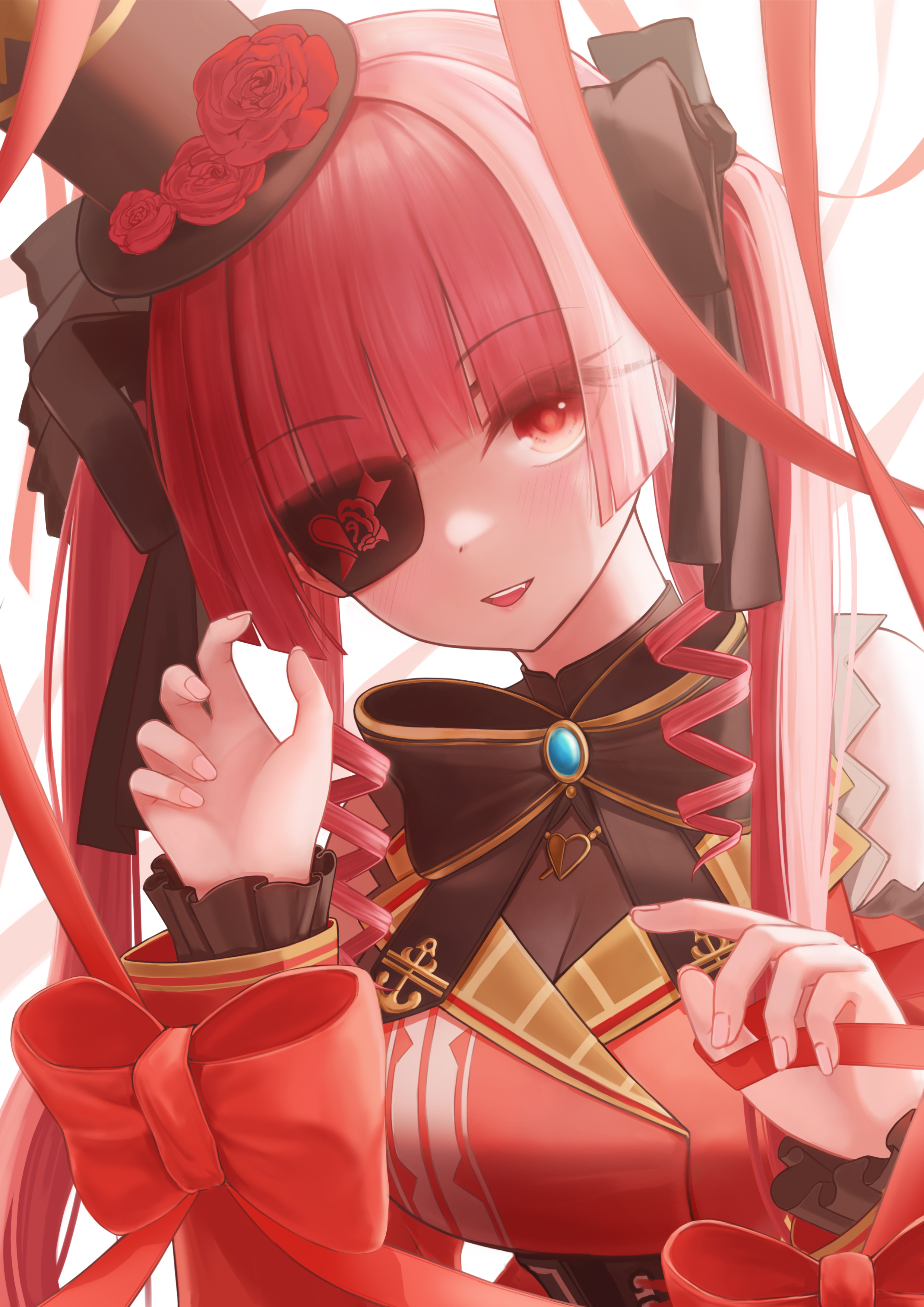 ruo1001, houshou marine, houshou marine (gothic lolita), hololive, absurdres, commentary request, highres, 1girl, black hat, black leotard, black ribbon, dress, eyepatch, hair ribbon, hat, leotard, long hair, looking at viewer, official alternate costume, official alternate hairstyle, red dress, red eyes, red hair, ribbon, smile, solo, teeth, twintails, upper teeth only, virtual youtuber