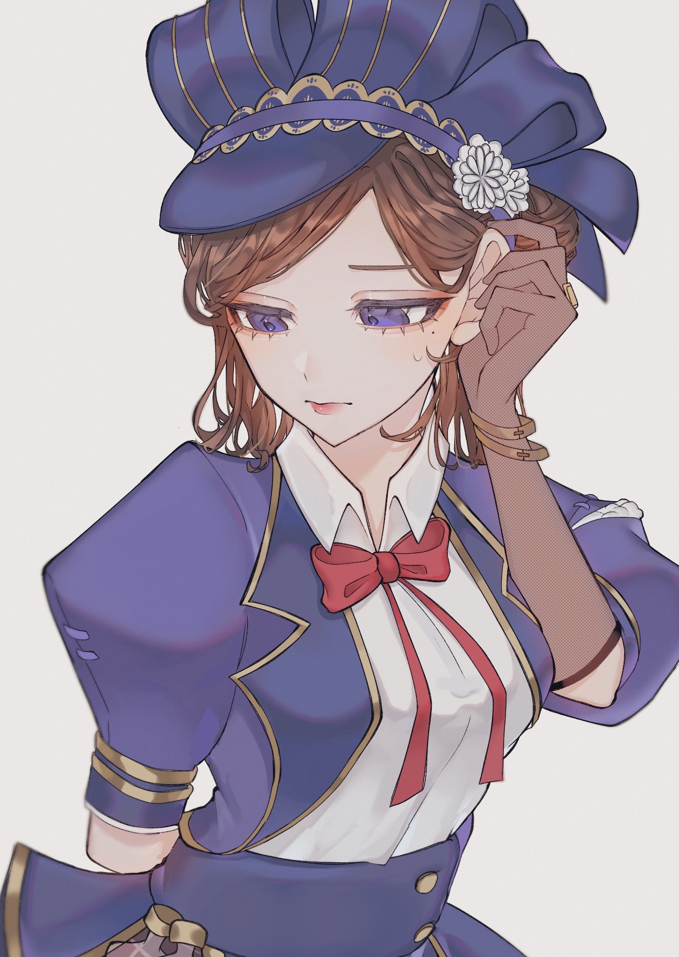 vera nair, identity v, commentary request, highres, 1girl, blue corset, blue eyes, blue headdress, blue jacket, bob cut, bow, bowtie, brown hair, corset, cropped jacket, elbow gloves, fishnet gloves, fishnets, flower, gloves, gold trim, hair flower, hair ornament, half up bun, jacket, looking down, mole, mole under eye, official alternate costume, puffy sleeves, red bow, red bowtie, red lips, reki510, shirt, side part, small sweatdrop, solo, tucking hair, upper body, vera nair (regal maiden), white background, white flower, white shirt