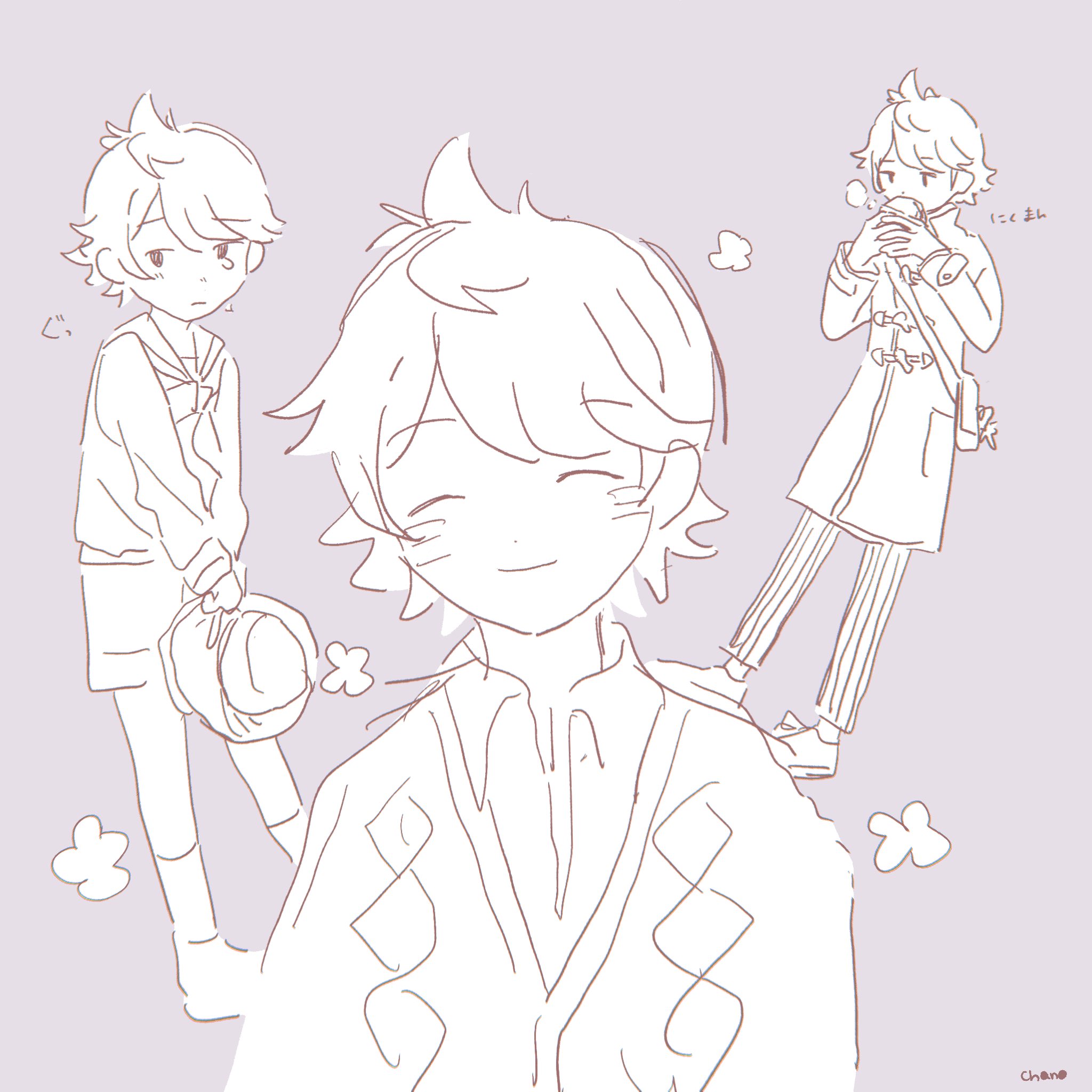 gamon yuuta, occultic;nine, science adventure, commentary request, highres, 3boys, ^ ^, blush, closed eyes, closed mouth, enomotochano, full body, long sleeves, looking at viewer, male focus, monochrome, multiple boys, multiple costumes, multiple views, short hair, simple background, smile, standing