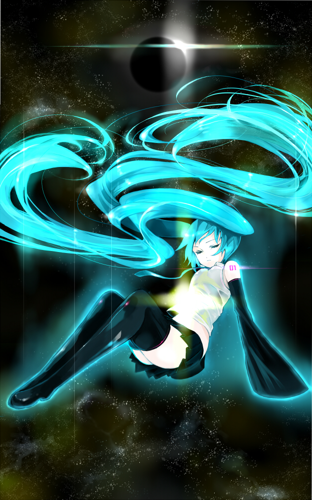 kirin (tofu), hatsune miku, vocaloid, 1girl, aqua hair, closed eyes, detached sleeves, eclipse, female focus, long hair, necktie, skirt, sky, solo, thighhighs, twintails, very long hair, zettai ryouiki