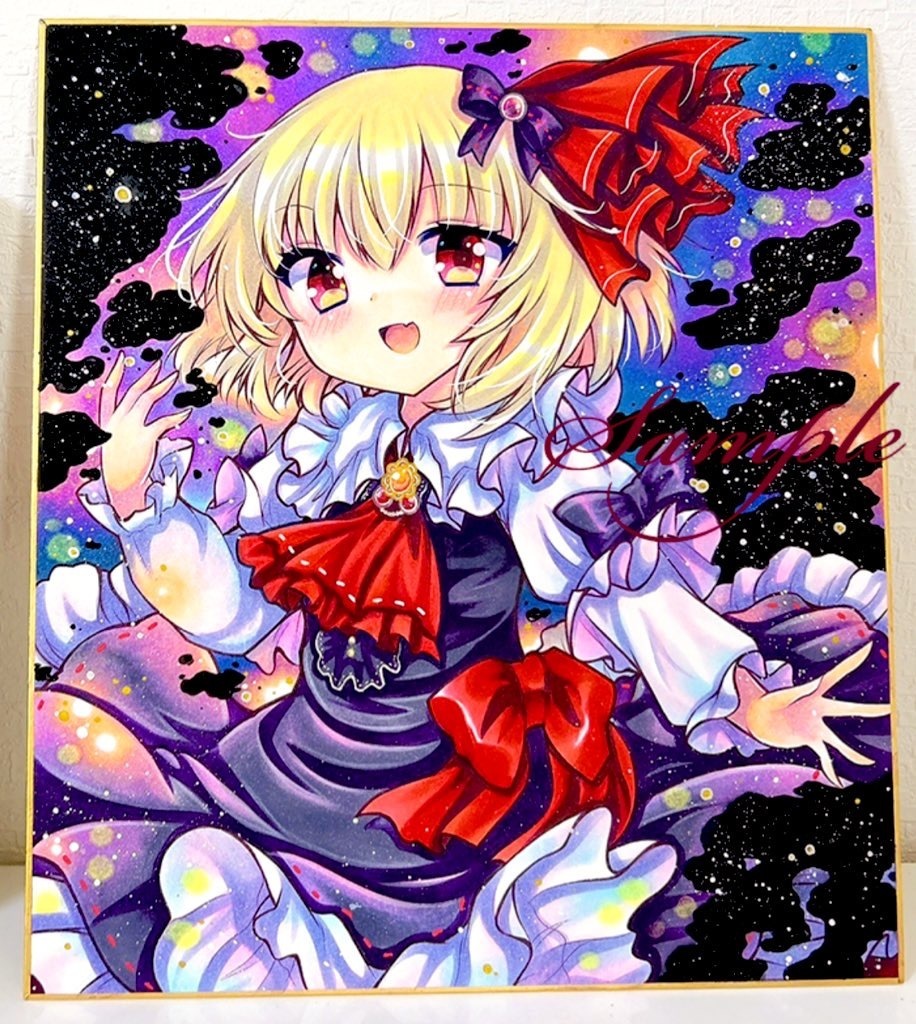 rui (sugar3), rumia, touhou, commentary request, marker (medium), traditional media, 1girl, ascot, black dress, blonde hair, bow, dress, long sleeves, looking at viewer, open mouth, red ascot, red bow, red eyes, shikishi, smile, solo, upper body