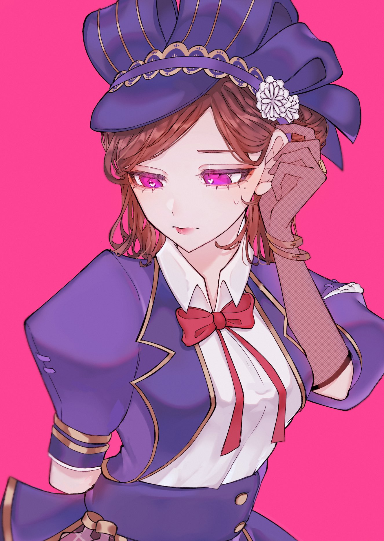 vera nair, identity v, commentary request, highres, 1girl, blue corset, blue headdress, blue jacket, bob cut, bow, bowtie, bright pupils, brown hair, corset, cropped jacket, elbow gloves, fishnet gloves, fishnets, flower, gloves, gold trim, hair flower, hair ornament, half up bun, heart, heart-shaped pupils, jacket, looking down, mole, mole under eye, official alternate costume, pink background, pink eyes, puffy sleeves, red bow, red bowtie, red lips, reki510, shirt, side part, small sweatdrop, solo, symbol-shaped pupils, tucking hair, upper body, vera nair (regal maiden), white flower, white pupils, white shirt