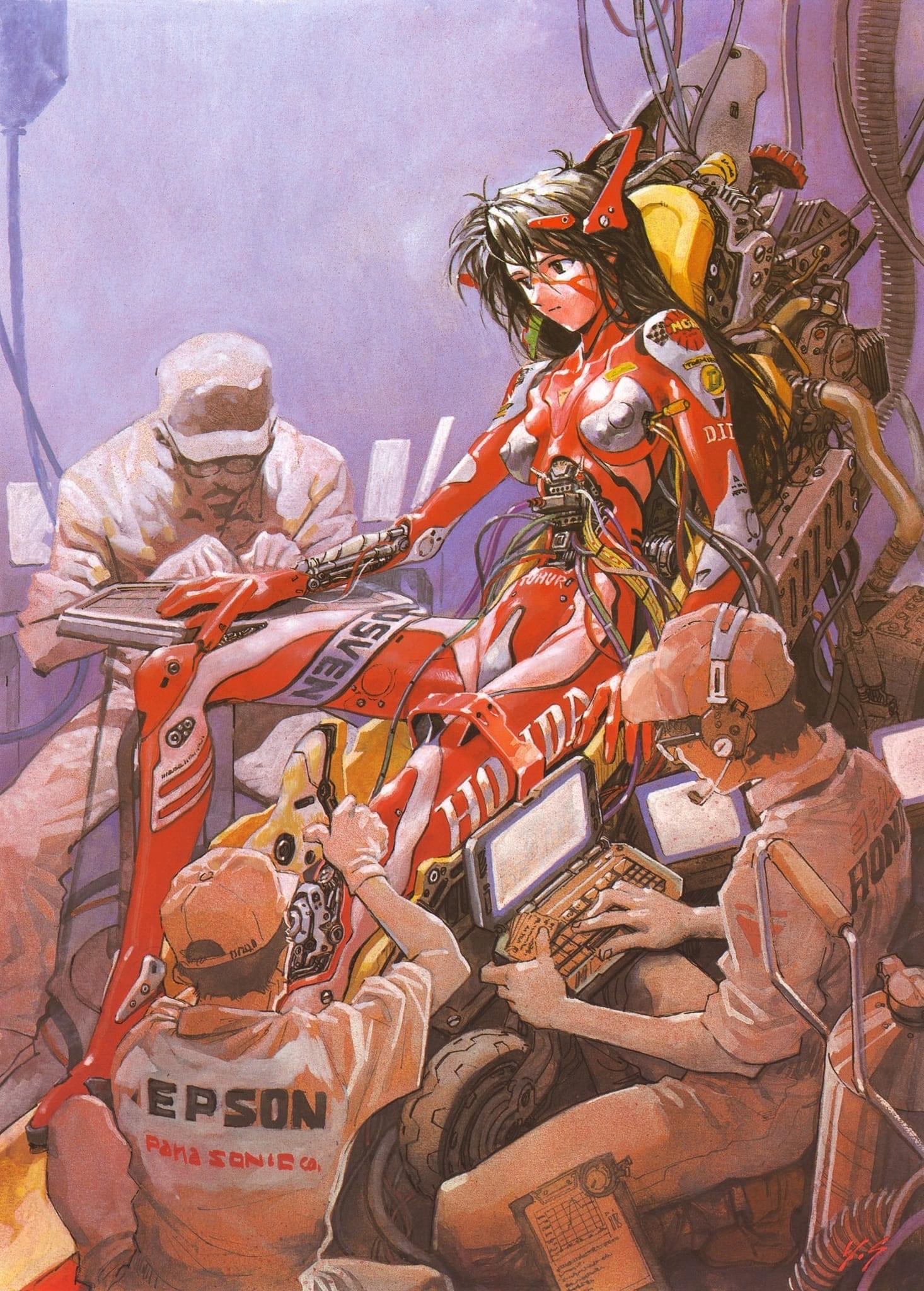 sadamoto yoshiyuki, epson, honda, suzuka hachitai 2050, character request, highres, source request, 1girl, 3boys, android, baseball cap, black eyes, black hair, bodysuit, breasts, cable, clothes writing, computer, cyborg, english text, expressionless, facepaint, facial hair, glasses, hat, headset, laptop, large breasts, long hair, looking afar, machinery, mechabare, mechanic, multiple boys, mustache, panasonic corporation, parody, race vehicle, racing suit, red bodysuit, robot, science fiction, wheel