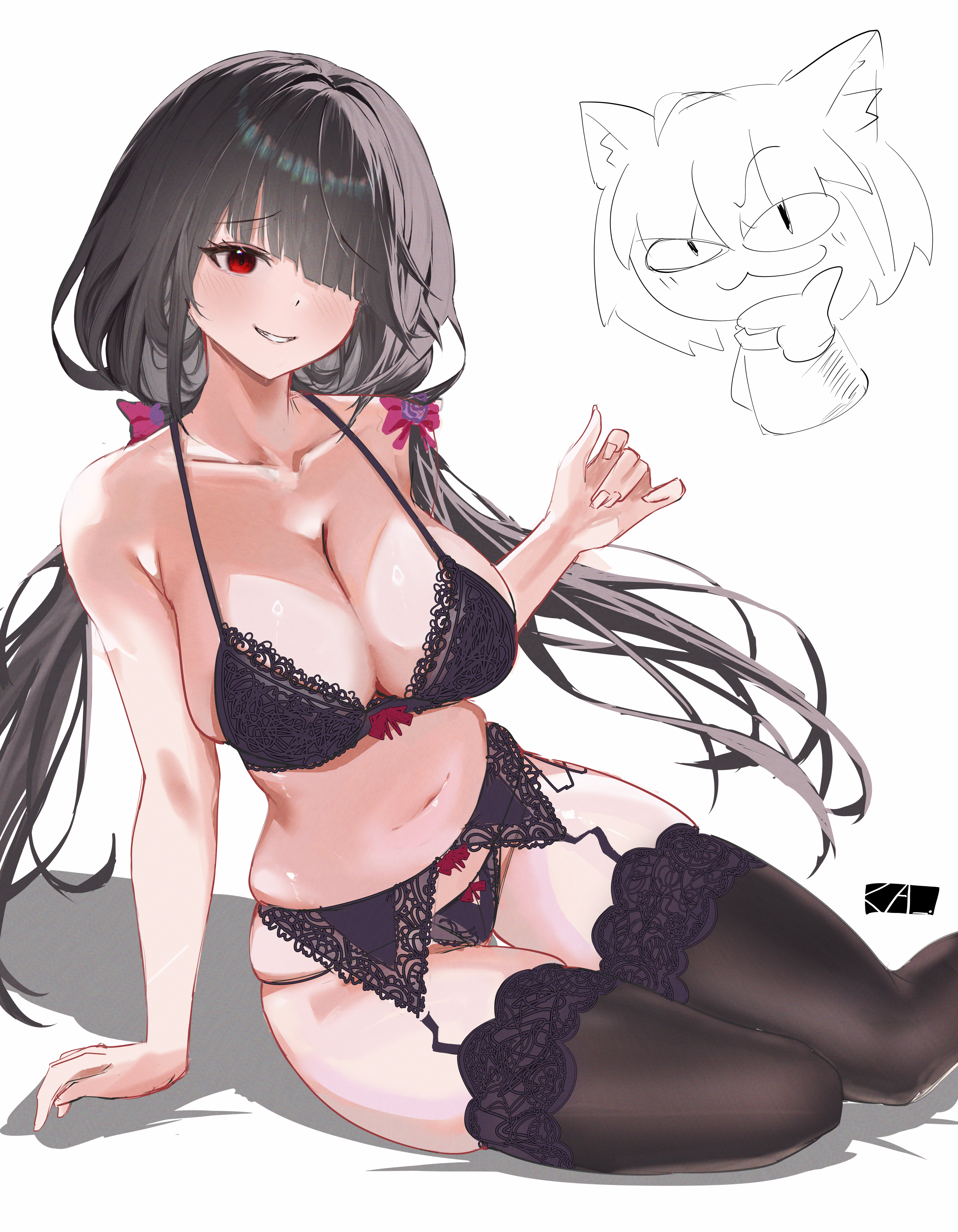 neco-arc, tokisaki kurumi, azur lane, date a live, tsukihime, absurdres, highres, 1girl, bare shoulders, black bra, black garter belt, black garter straps, black hair, black panties, black thighhighs, bra, breasts, cleavage, collarbone, garter belt, garter straps, hair over one eye, hair ribbon, lace, lace-trimmed bra, lace-trimmed panties, lace-trimmed thighhighs, lace trim, large breasts, light blush, lingerie, looking at viewer, low twintails, official alternate costume, panties, red eyes, red ribbon, ribbon, simple background, thighhighs, thowfi 25, tokisaki kurumi (twin rose), twintails, underwear, white background