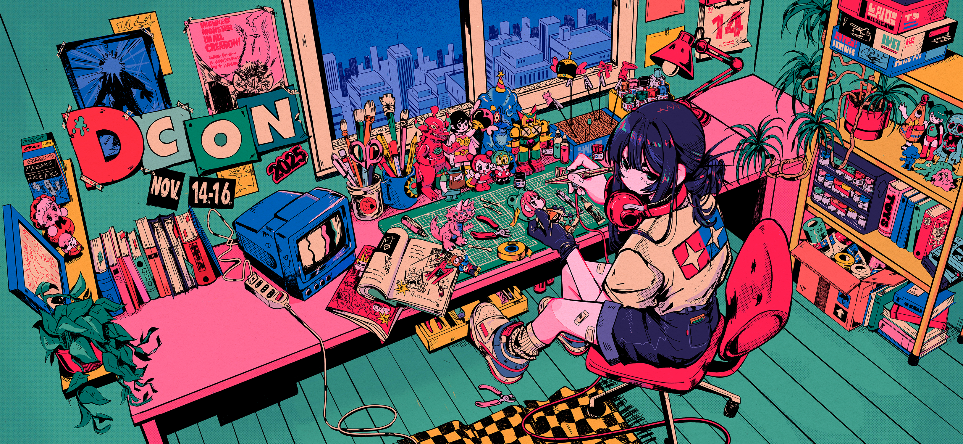 crisalys, original, the thing, absurdres, commentary, english commentary, highres, 1girl, black gloves, black shorts, book, book stack, bookshelf, desk, figure, from above, from behind, gloves, headphones, headphones around neck, indoors, lamp, leaf, looking at viewer, looking back, open book, plant, poster (object), potted plant, print shirt, rug, shirt, shoes, short sleeves, shorts, single glove, sneakers, solo, studio, wide shot, window