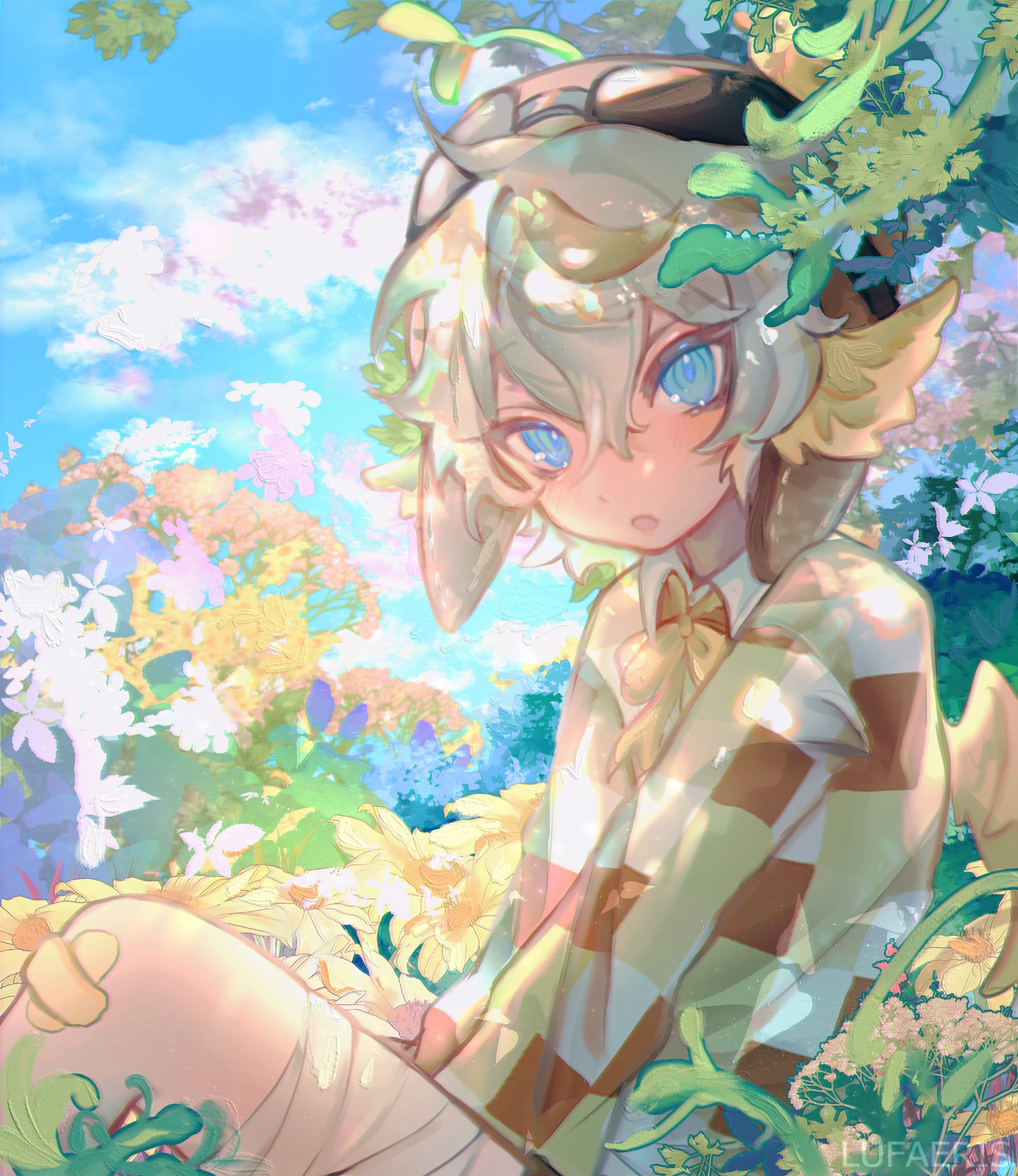 cloud (lufaeris), original, commentary, english commentary, highres, 1boy, animal ears, bandaid, bandaid on knee, bandaid on leg, black eyes, black hair, black hat, bow, bowtie, collared shirt, day, double-parted bangs, flower, goggles, goggles on headwear, hair between eyes, hat, looking at viewer, male focus, open mouth, outdoors, shirt, short hair, solo, yellow bow, yellow bowtie, yellow flower, yellow shirt