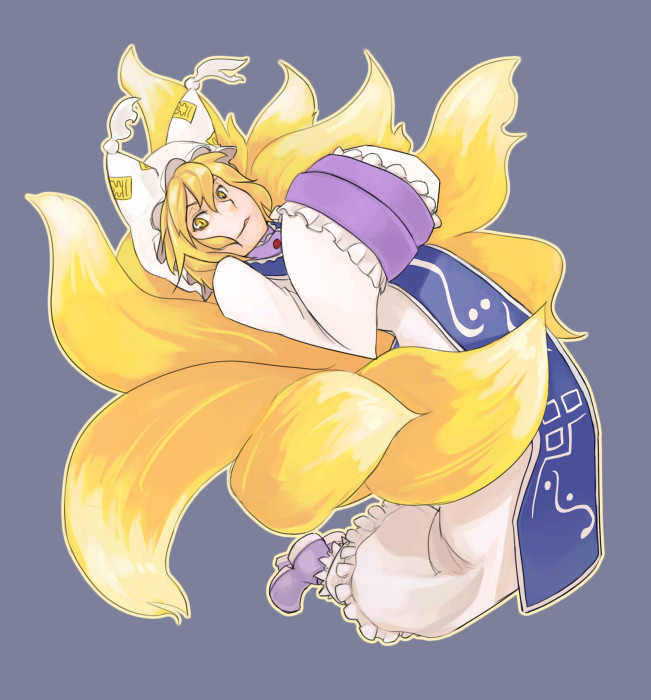 totteri, yakumo ran, touhou, 1girl, animal hat, arched back, blonde hair, dress, female focus, full body, grey background, hands in opposite sleeves, hat, long sleeves, looking at viewer, mob cap, multiple tails, shoes, short hair, solo, tabard, tail, tassel, white dress, wide sleeves, yellow eyes