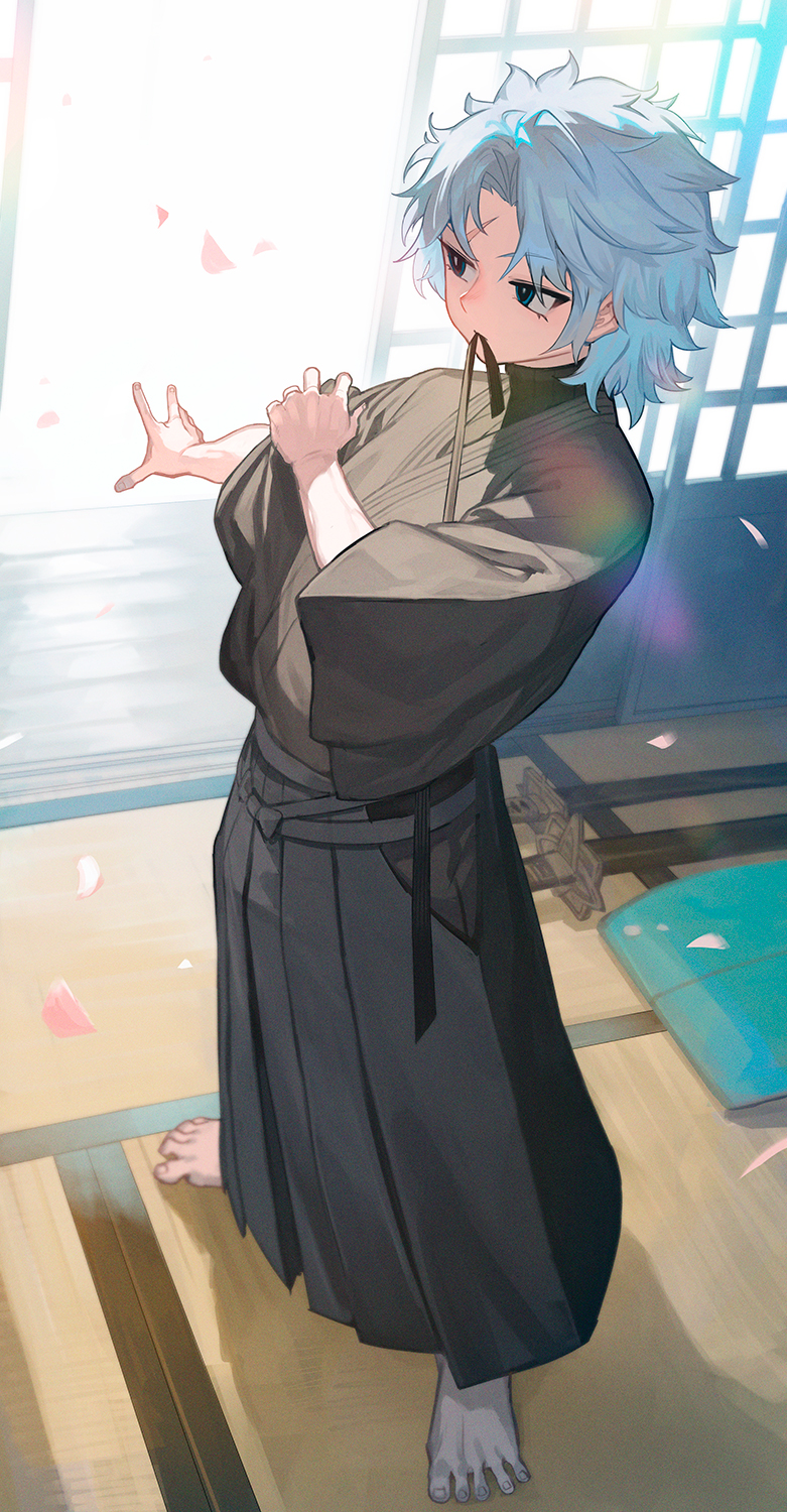 lack, toudou heisuke (fate), fate/grand order, fate (series), commentary request, highres, 1boy, blue eyes, japanese clothes, male focus, official artist extra, petals, scar, scar on face, short hair, solo, white hair