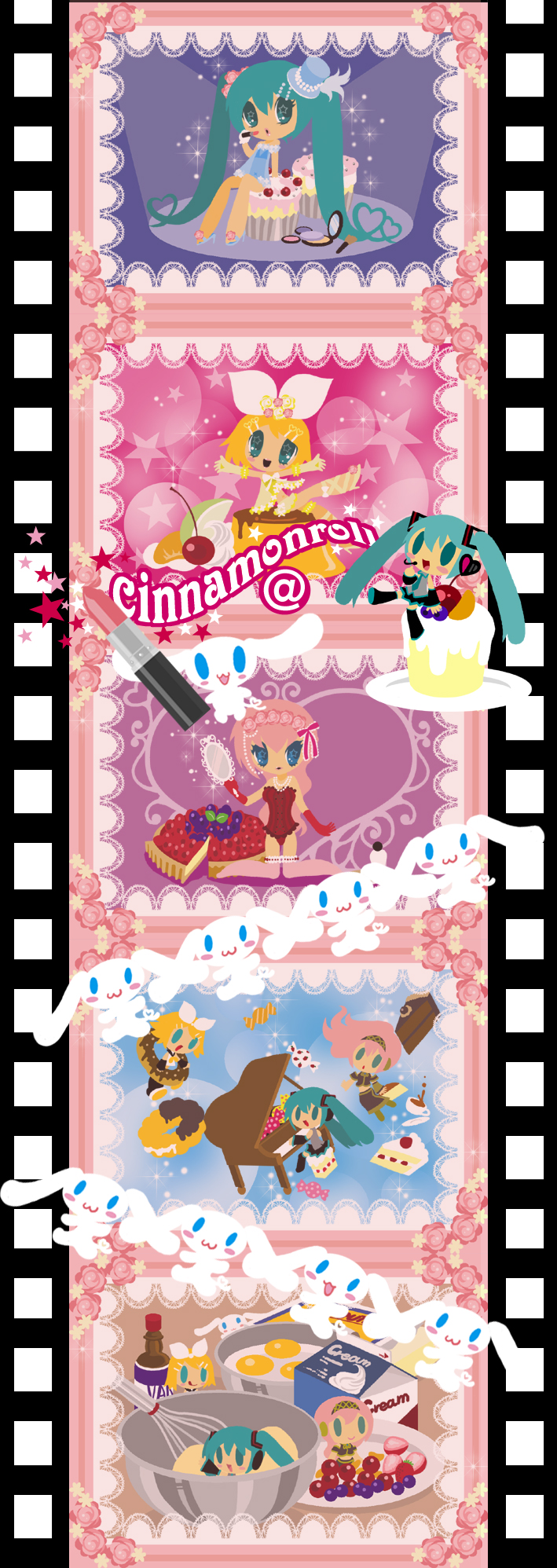 kaorin minogue, cinnamoroll, hatsune miku, kagamine rin, megurine luka, cinnamon roll (vocaloid), fuwa fuwa cinnamoroll, sanrio, vocaloid, highres, 00s, 3girls, :3, aqua hair, baby animal, blonde hair, blue eyes, cake, chibi, detached sleeves, dog, egg, food, fruit, hair ornament, hair ribbon, hairclip, hat, headphones, headset, instrument, lipstick, long hair, makeup, multiple girls, pastry, piano, pink hair, puppy, rabbit, ribbon, short hair, skirt, smile, strawberry, top hat, twintails