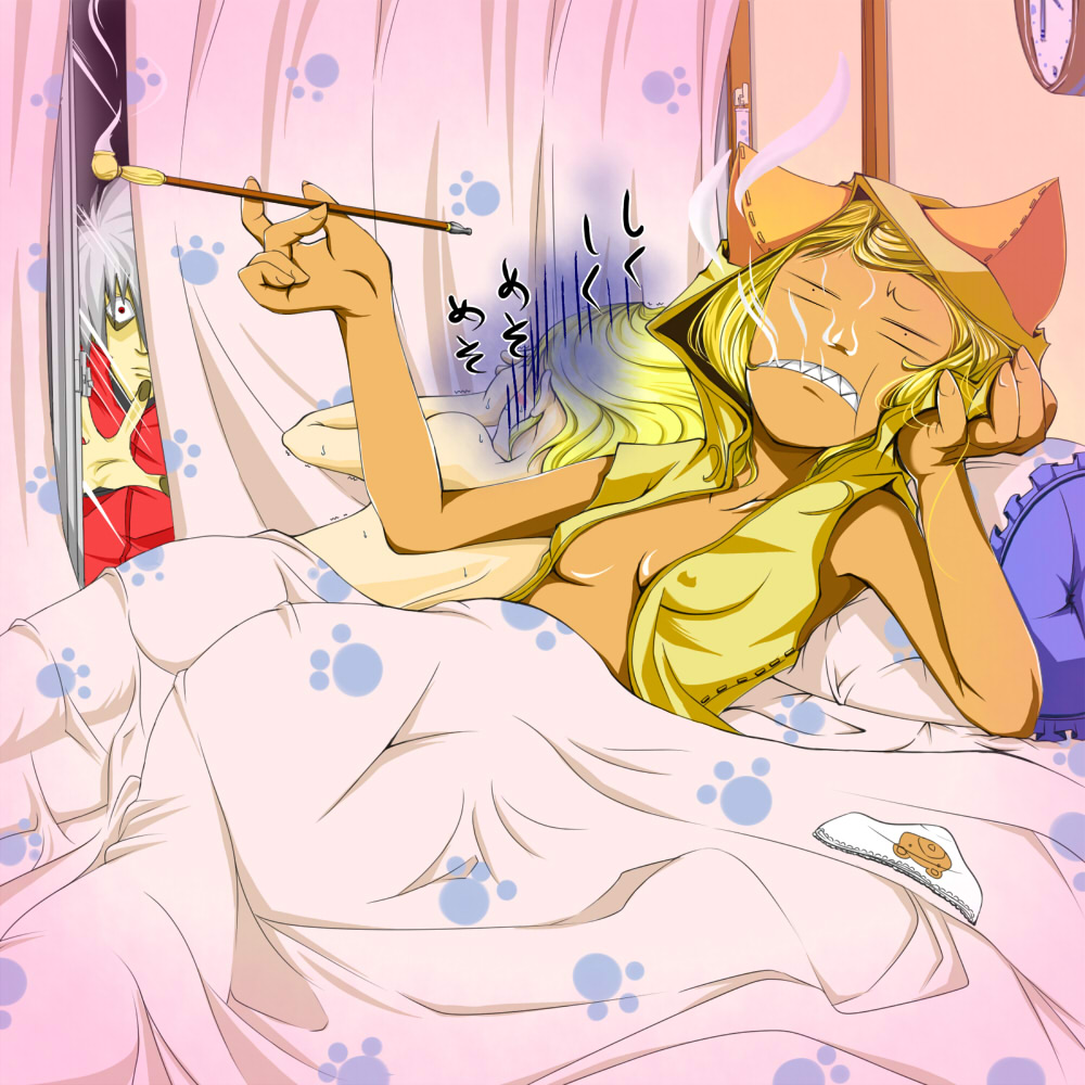 masatora009, noel vermillion, ragna the bloodedge, taokaka, arc system works, blazblue, 1boy, 2girls, aftersex, against glass, bed, breasts, covered erect nipples, curtains, kiseru, multiple girls, out of character, panties, peeking, ruined for marriage, small breasts, smoking, smoking pipe, underwear, unworn panties, voyeurism, window, yuri