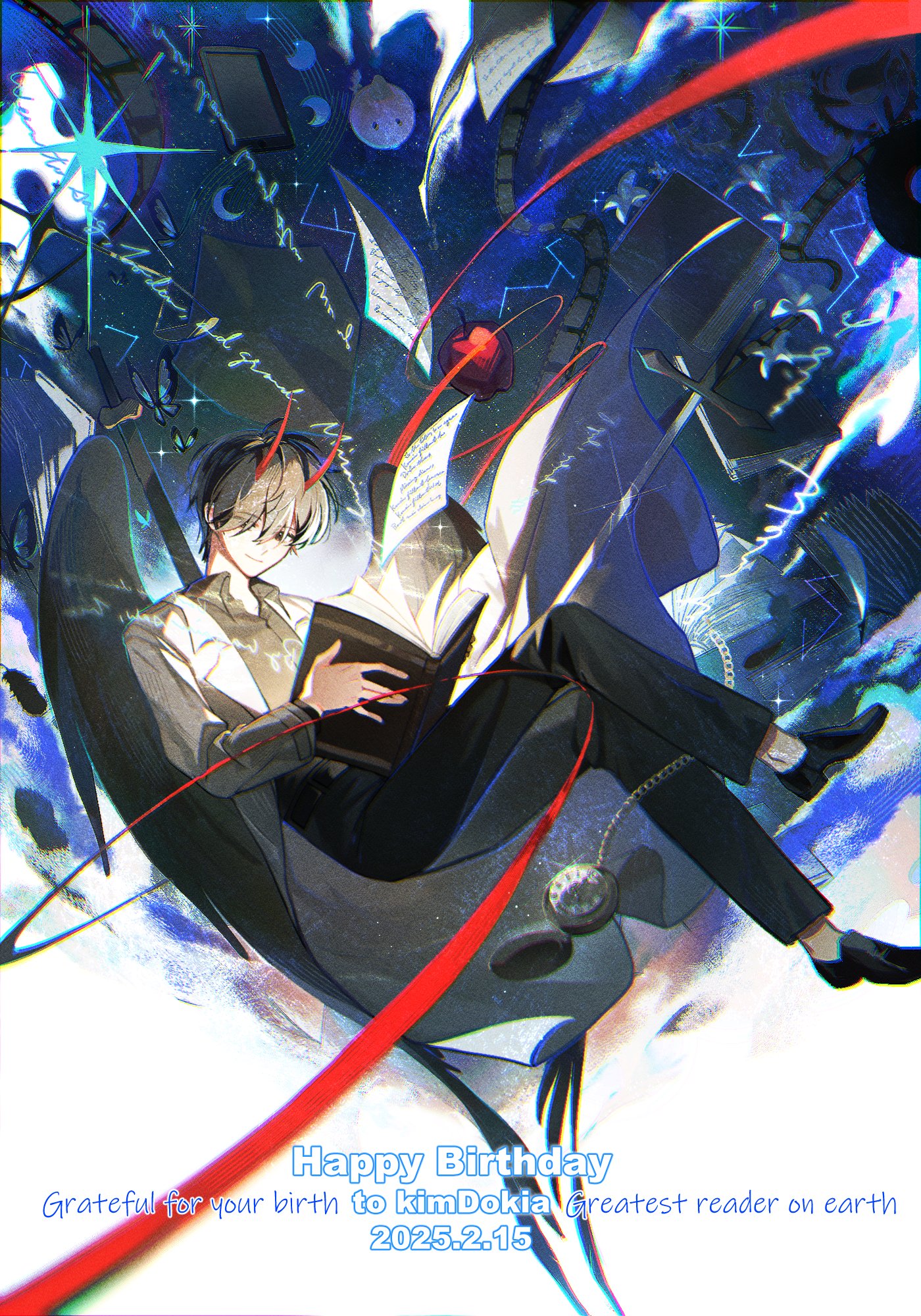 elzfbrvsnr30247, biyoo (omniscient reader's viewpoint), kim dokja, omniscient reader's viewpoint, commentary, english commentary, highres, 1boy, animal, apple, black hair, black shirt, black wings, book, bug, butterfly, character name, coat, collared shirt, crossed legs, cursive, demon horns, english text, falling paper, feathered wings, film reel, floating, food, fruit, glowing, happy birthday, horns, insect, male focus, moon phases, open book, open clothes, open coat, pocket watch, scabbard, sheath, shirt, short hair, solo, sparkle, string, string of fate, watch, weapon, weapon on back, white coat, wings