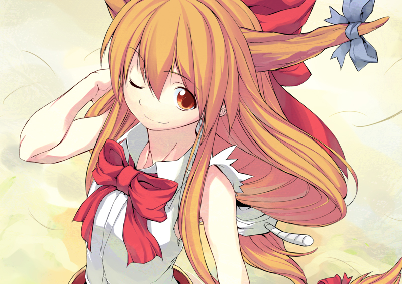 hidori (hibi toridori), ibuki suika, touhou, 1girl, bare shoulders, bow, female focus, hair bow, horns, long hair, matching hair/eyes, neck, orange eyes, orange hair, solo, wink