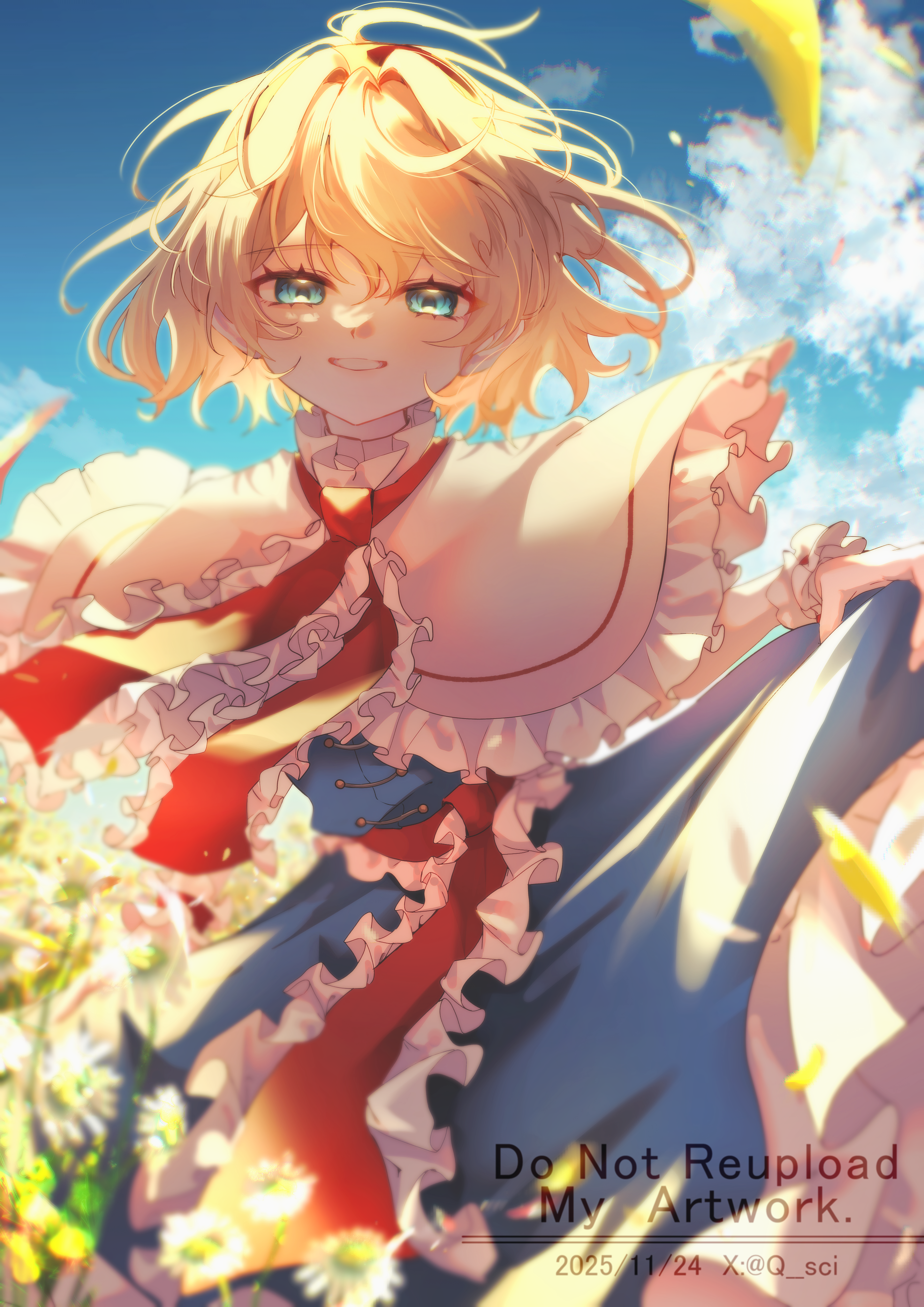 yoshino (q sci), alice margatroid, touhou, absurdres, commentary request, highres, 1girl, blonde hair, blue dress, blue eyes, blue sky, capelet, cloud, cloudy sky, dress, frilled capelet, frills, grin, hair between eyes, hair intakes, half-closed eyes, looking at viewer, medium hair, sky, smile, solo, teeth, white capelet