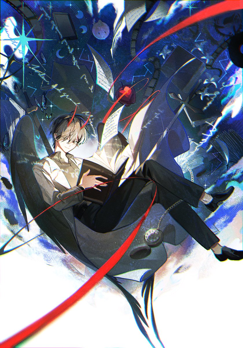 elzfbrvsnr30247, biyoo (omniscient reader's viewpoint), kim dokja, omniscient reader's viewpoint, commentary, english commentary, highres, textless version, 1boy, animal, apple, black hair, black shirt, black wings, book, bug, butterfly, coat, collared shirt, crossed legs, cursive, demon horns, falling paper, feathered wings, film reel, floating, food, fruit, glowing, horns, insect, male focus, moon phases, open book, open clothes, open coat, pocket watch, scabbard, sheath, shirt, short hair, solo, sparkle, string, string of fate, watch, weapon, weapon on back, white coat, wings