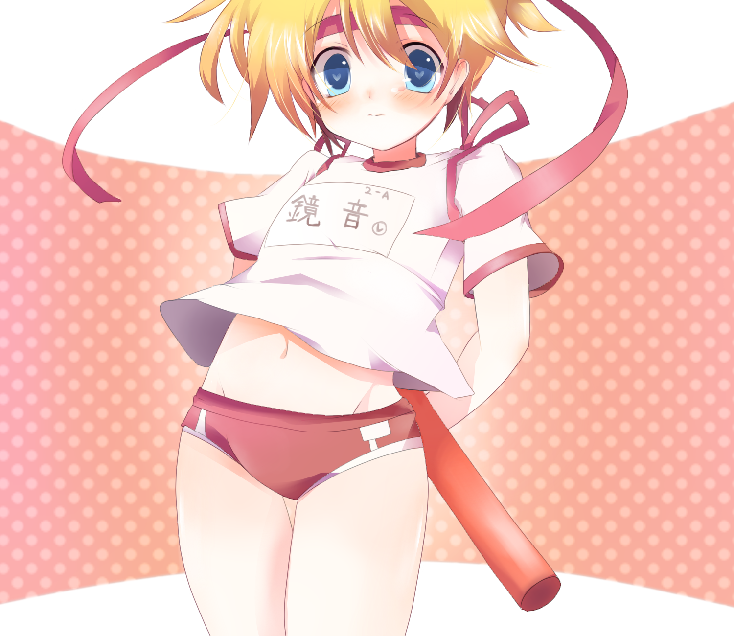 suzugo@erorin, kagamine len, vocaloid, bad id, bad pixiv id, highres, 1boy, blonde hair, blue eyes, blush, buruma, child, gym uniform, hachimaki, headband, male focus, midriff, navel, relay baton, short hair, shorts, solo, trap
