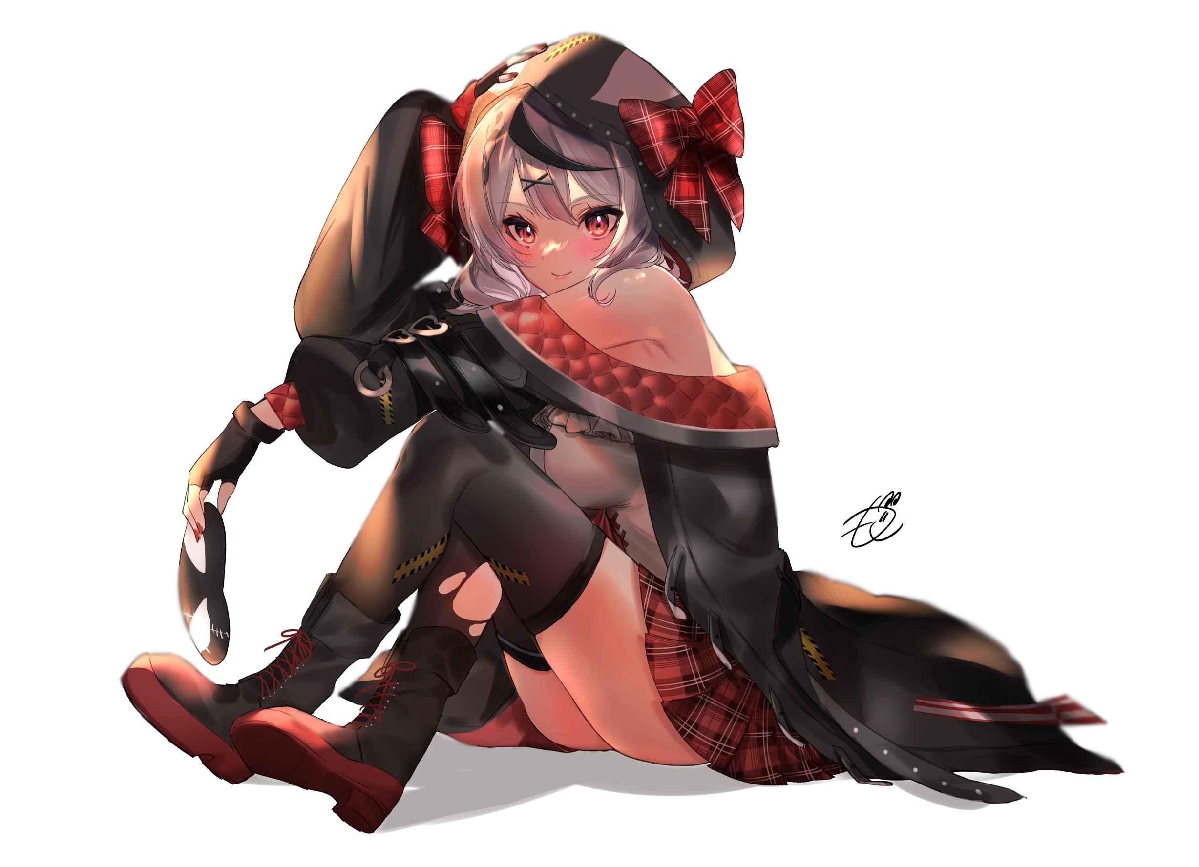 moco (moco michi), sakamata chloe, sakamata chloe (1st costume), hololive, commentary, highres, symbol-only commentary, 1girl, animal hood, black hair, black jacket, black shoes, black thighhighs, bow, breasts, camisole, fingernails, frilled camisole, frills, full body, grey hair, hair ornament, holding, holding mask, hood, jacket, mask, multicolored hair, nail polish, orca hood, plaid bow, plaid clothes, plaid skirt, pleated skirt, red bow, red eyes, red nails, red skirt, shadow, shoes, signature, sitting, skirt, solo, streaked hair, thighhighs, torn clothes, torn thighhighs, unworn mask, virtual youtuber, white background, white camisole, x hair ornament