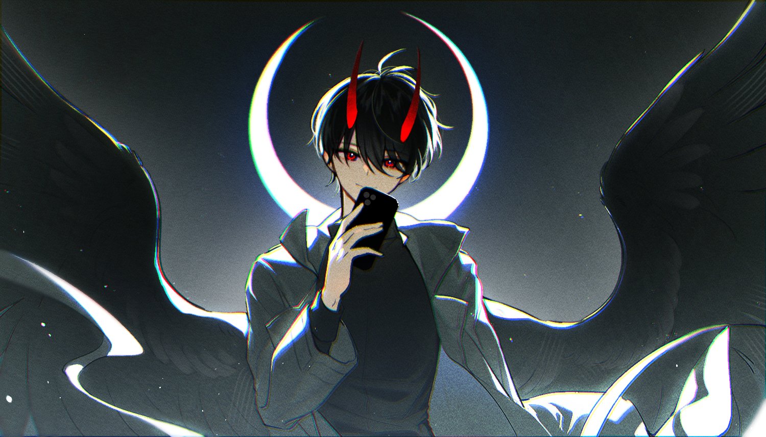 elzfbrvsnr30247, kim dokja, omniscient reader's viewpoint, commentary, english commentary, 1boy, backlighting, black hair, black shirt, black wings, coat, crescent, demon horns, feathered wings, hand up, head tilt, holding, holding phone, horns, looking at viewer, male focus, moon behind head, official alternate costume, open clothes, open coat, phone, red eyes, shirt, short hair, smile, solo, upper body, white coat, wings