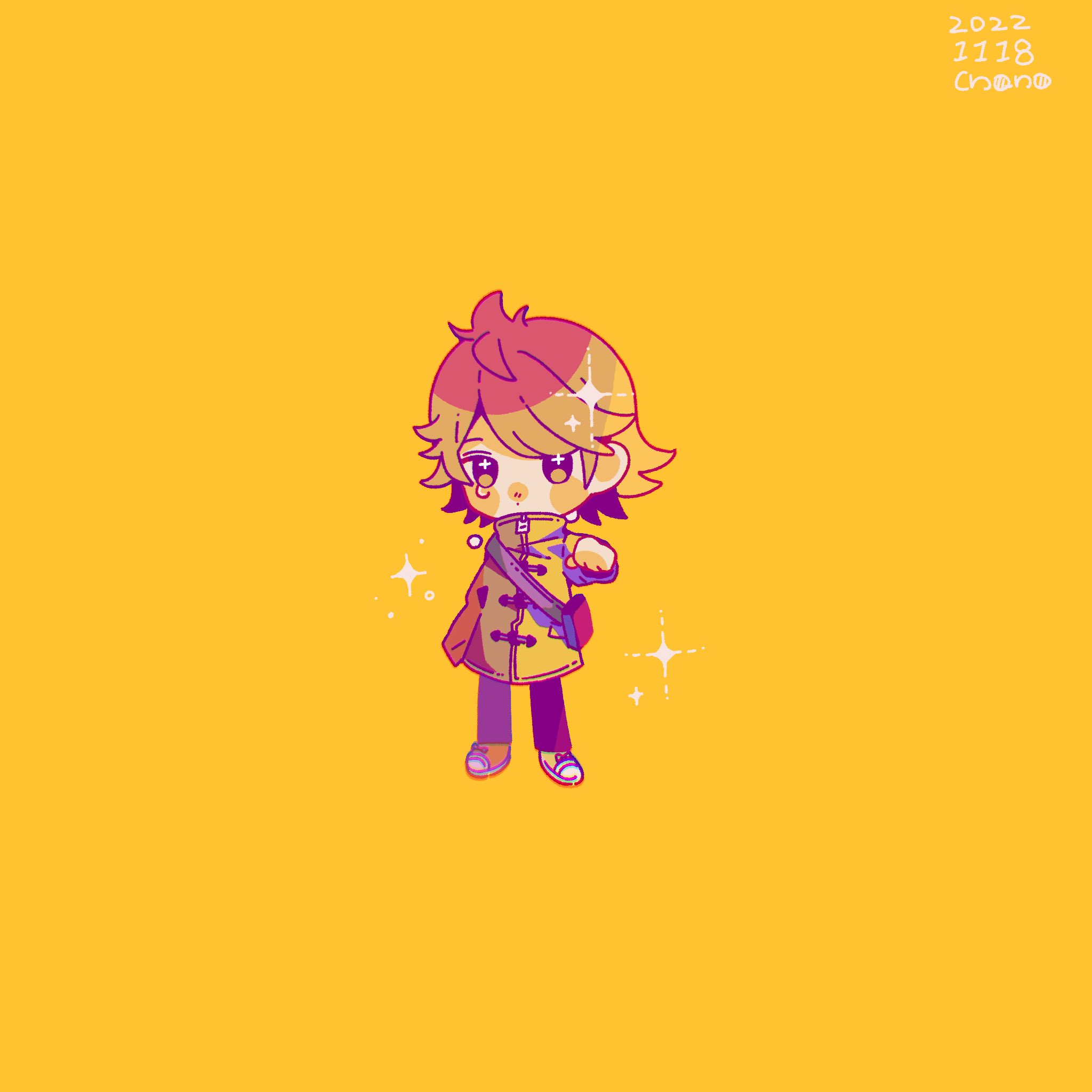 gamon yuuta, occultic;nine, science adventure, commentary request, highres, 1boy, brown coat, chibi, coat, enomotochano, full body, green eyes, green hair, long sleeves, looking at viewer, male focus, multicolored coat, short hair, simple background, solo, standing, tearing up, yellow background, yellow coat