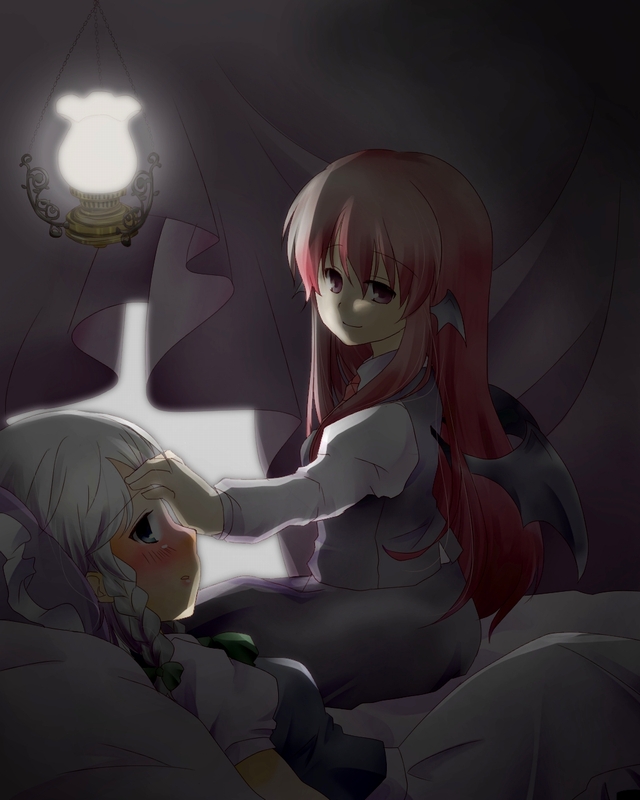sen1986, izayoi sakuya, koakuma, embodiment of scarlet devil, touhou, silver hair, 2girls, bat wings, bed, blue eyes, blush, braid, dark, female focus, fever, head wings, lamp, multiple girls, red eyes, red hair, sick, smile, wings
