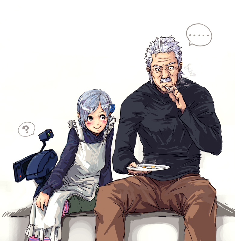 metal gear mk. ii, metal gear mk ii, old snake, solid snake, sunny emmerich, metal gear (series), metal gear solid, metal gear solid 4: guns of the patriots, …, 1boy, 1girl, ?, apron, cigarette, egg, facial hair, family bonding, flower, grey hair, hair ornament, mustache, robot, short hair, smile, smoking, speech bubble, spoken ellipsis, spoken question mark, white hair