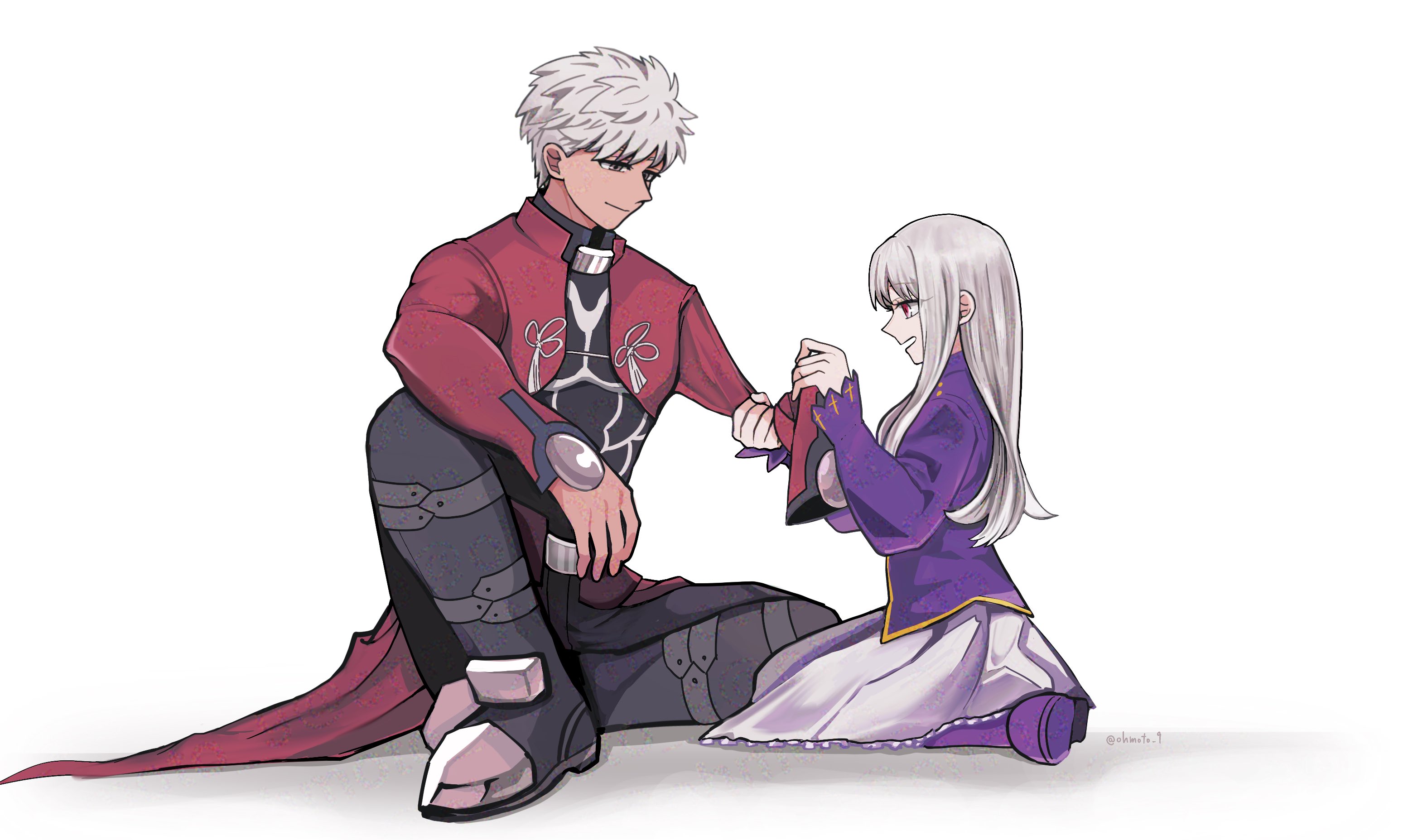 ohmoto 9, archer (fate), illyasviel von einzbern, fate/stay night, fate (series), heaven's feel, commentary request, highres, 1boy, 1girl, armor, coat, half-siblings, messy hair, red coat, siblings, step-siblings, white hair