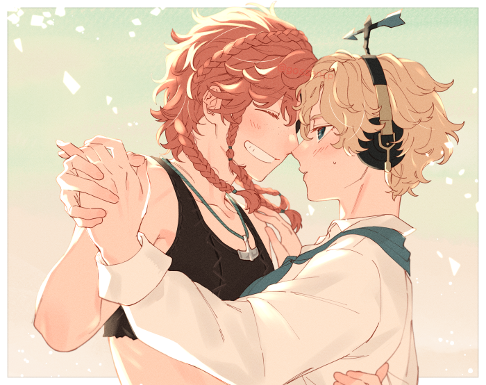 identity v, commentary, english commentary, 2girls, ^ ^, backlighting, ballroom dancing, blonde hair, blue eyes, blue neckerchief, border, braid, brynhildr vilulf, closed eyes, crop top, crown braid, gossancp, gradient background, grin, hand on another's back, headphones, holding hands, jewelry, light blush, light particles, medium hair, multiple braids, multiple girls, neckerchief, orange hair, parted lips, pendant, short hair, small sweatdrop, smile, striped blush, upper body, wendy foote, white border, yuri